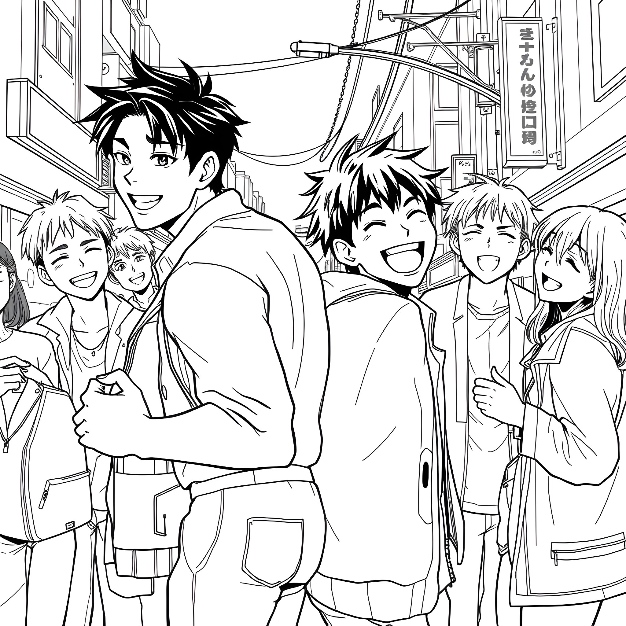 Gojo and friends having a lively conversation Coloring Page (free black-and-white line drawing printable PDF for all, from beginners to advanced learners, including children, teens, adults, and seniors)