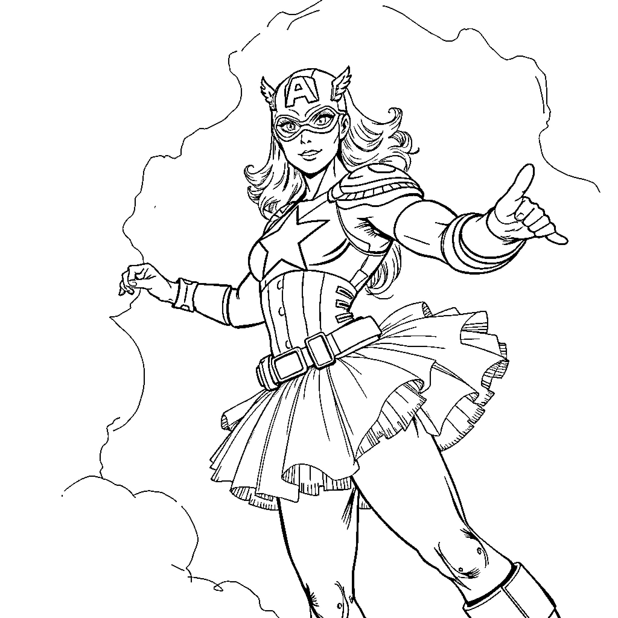 Captain America Heroine in Heroic Action Pose Coloring Page (free black-and-white line drawing printable PDF for all, from beginners to advanced learners, including children, teens, adults, and seniors)