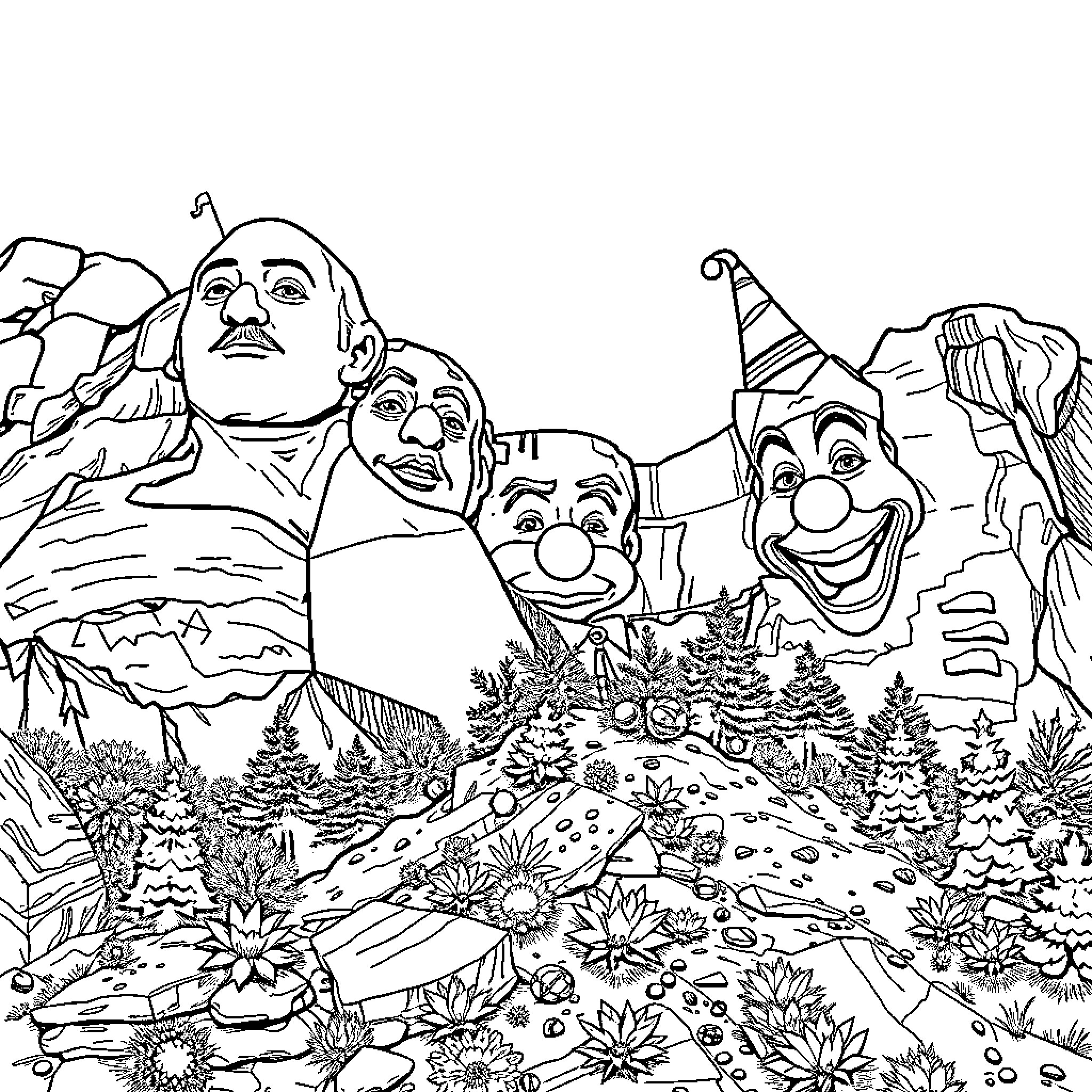 Mount Rushmore with Clown Faces and Expressions Coloring Page (free black-and-white line drawing printable PDF for all, from beginners to advanced learners, including children, teens, adults, and seniors)