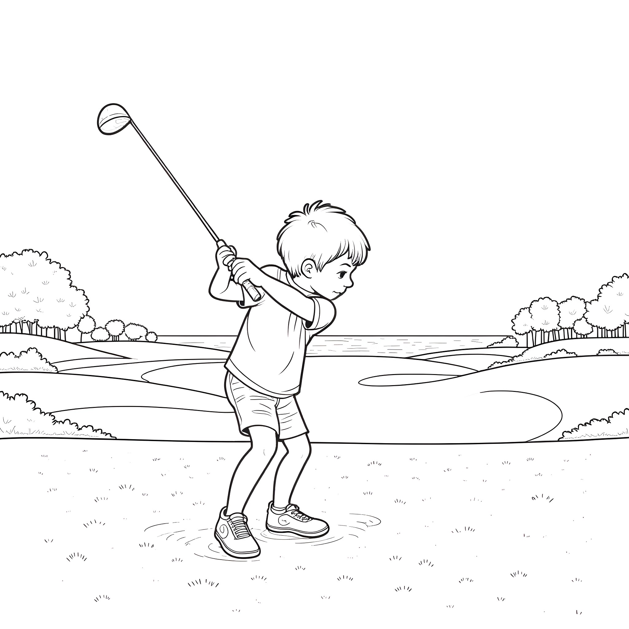 Boy playing golf in the park Coloring Page (free black-and-white line drawing printable PDF for all, from beginners to advanced learners, including children, teens, adults, and seniors)