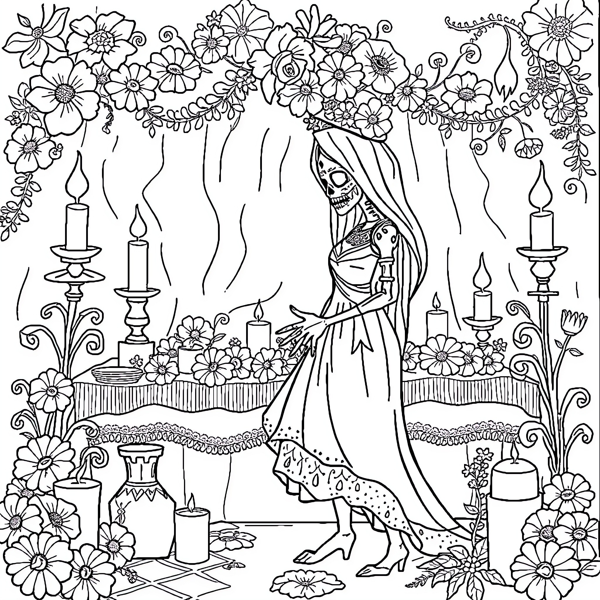 Catrina's Vibrant Floral Celebration Coloring Page (free black-and-white line drawing printable PDF for all, from beginners to advanced learners, including children, teens, adults, and seniors)