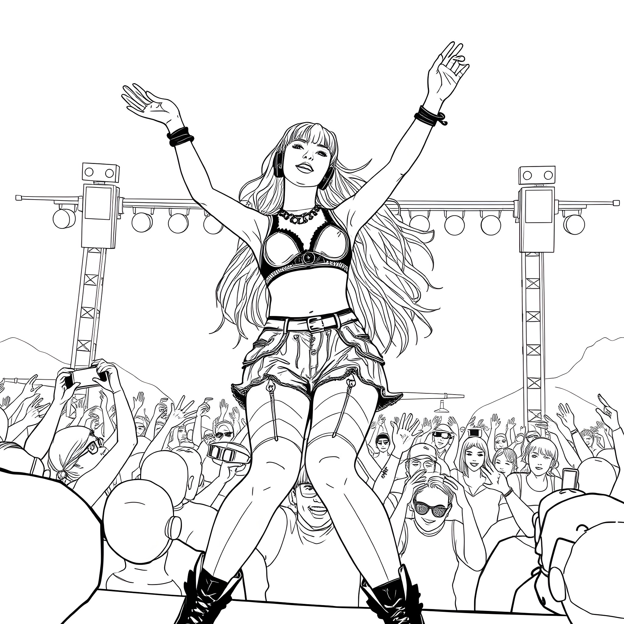 Lisa's Triumphant Music Festival Performance Coloring Page (free black-and-white line drawing printable PDF for all, from beginners to advanced learners, including children, teens, adults, and seniors)