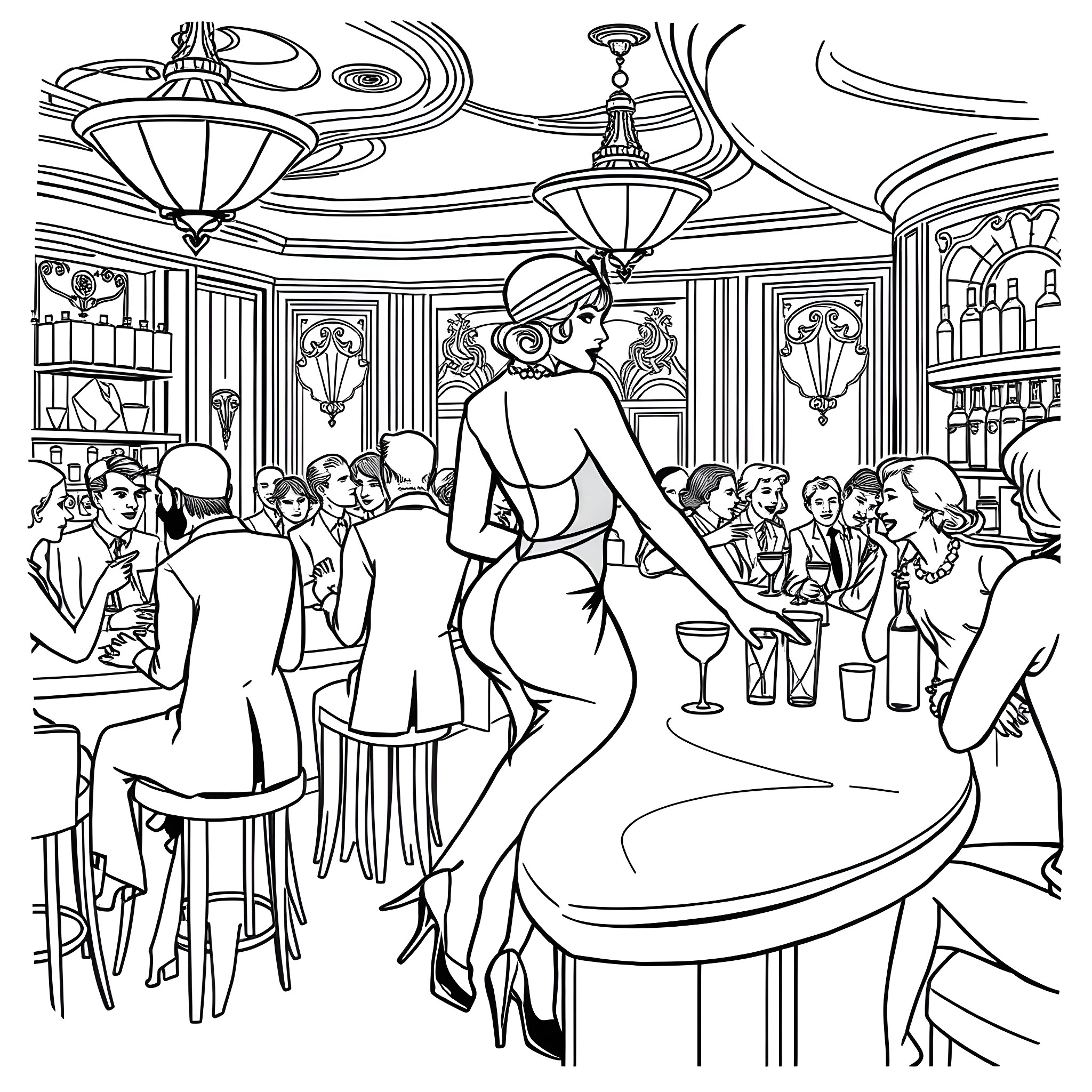 Lady Dancing Elegantly in a Vintage Speakeasy Coloring Page (free black-and-white line drawing printable PDF for all, from beginners to advanced learners, including children, teens, adults, and seniors)