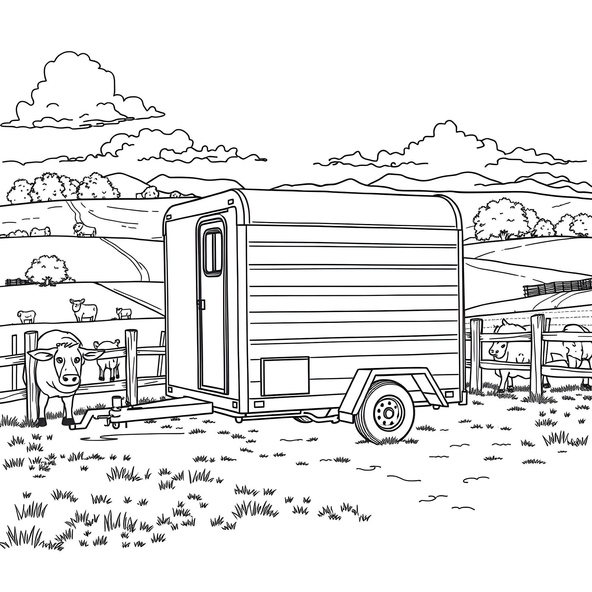 Livestock Trailer Transporting Animals in a Pastoral Landscape Coloring Page (free black-and-white line drawing printable PDF for all, from beginners to advanced learners, including children, teens, adults, and seniors)
