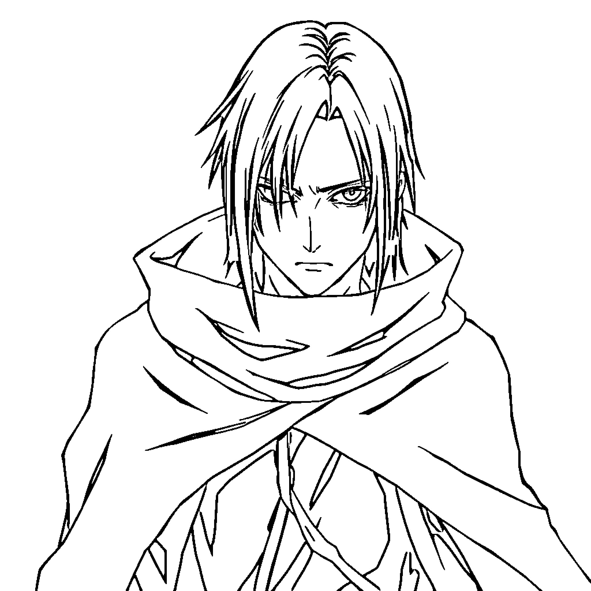 Itachi Uchiha's determined expression and mysterious attire Coloring Page (free black-and-white line drawing printable PDF for all, from beginners to advanced learners, including children, teens, adults, and seniors)