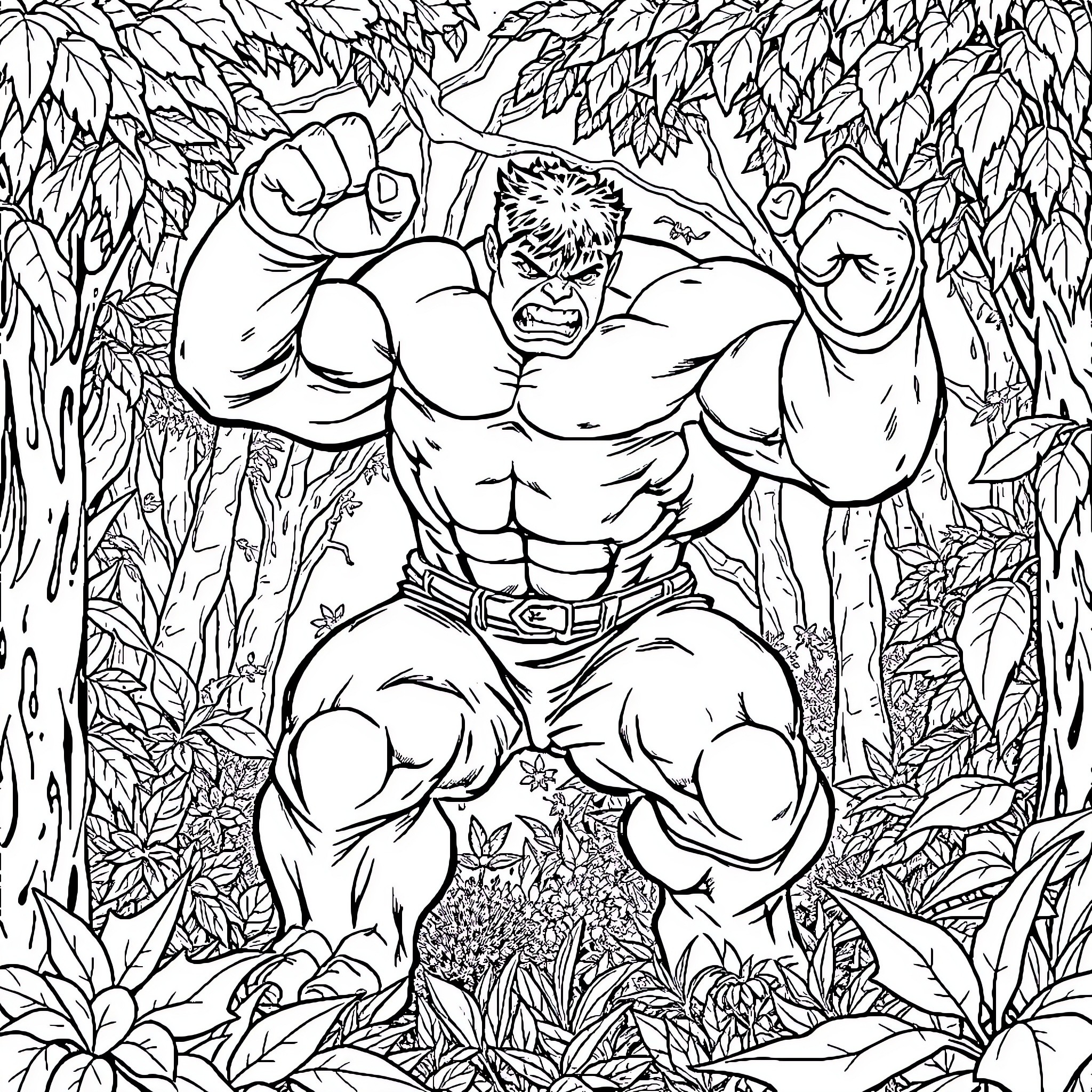 Hulk's Fierce Jungle Encounter Coloring Page (free black-and-white line drawing printable PDF for all, from beginners to advanced learners, including children, teens, adults, and seniors)