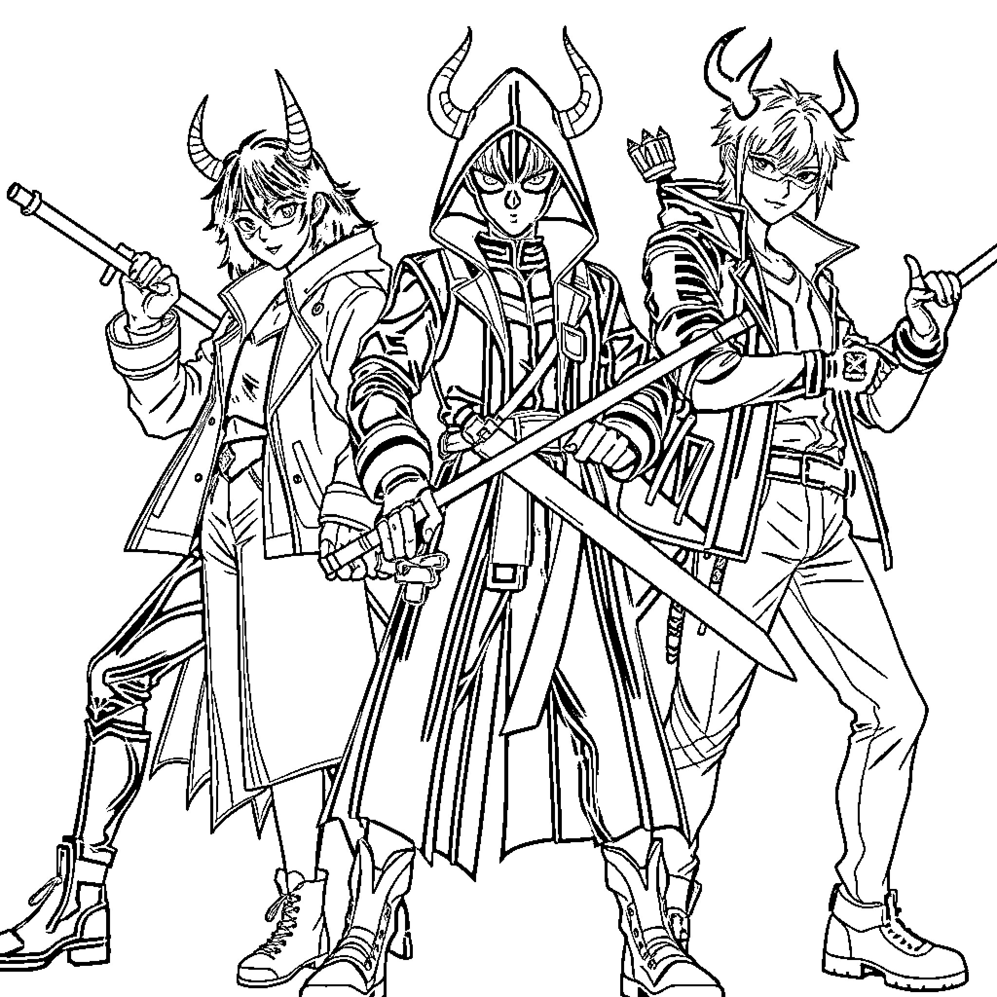 Demon Hunter Group Striking Dramatic Poses Coloring Page (free black-and-white line drawing printable PDF for all, from beginners to advanced learners, including children, teens, adults, and seniors)