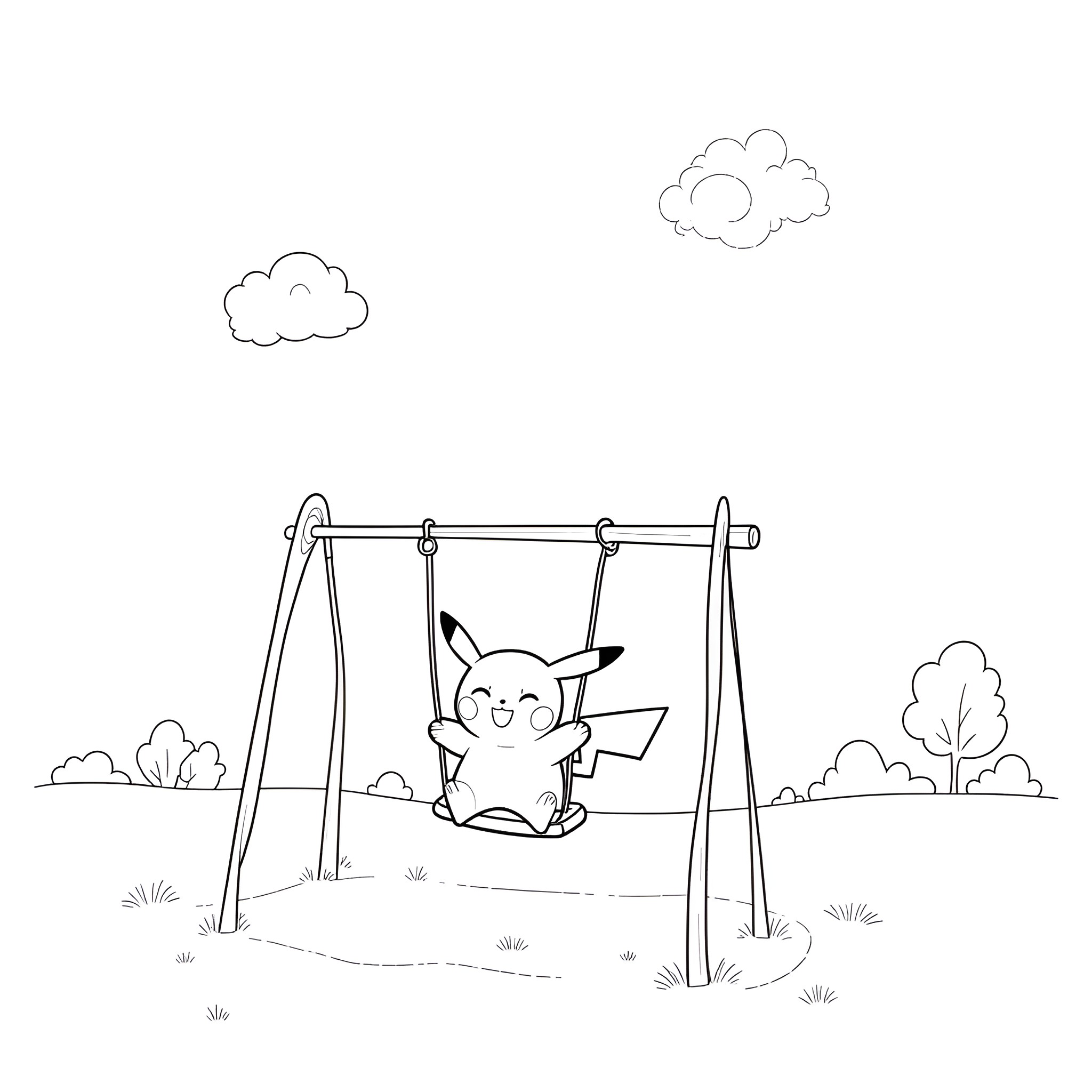 Pikachu swinging happily on a playground Coloring Page (free black-and-white line drawing printable PDF for all, from beginners to advanced learners, including children, teens, adults, and seniors)
