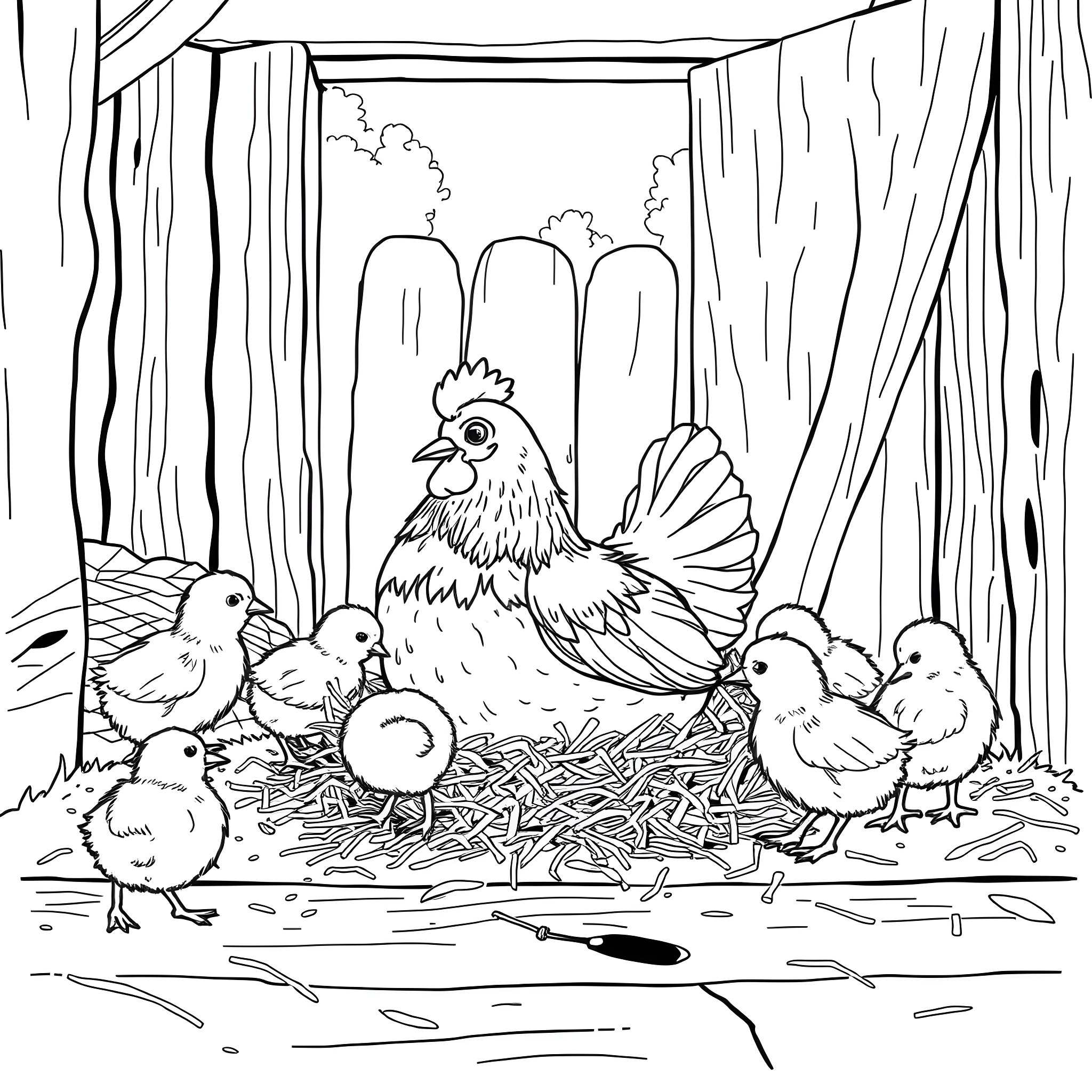Hen tending to her chicks in the barn Coloring Page (free black-and-white line drawing printable PDF for all, from beginners to advanced learners, including children, teens, adults, and seniors)