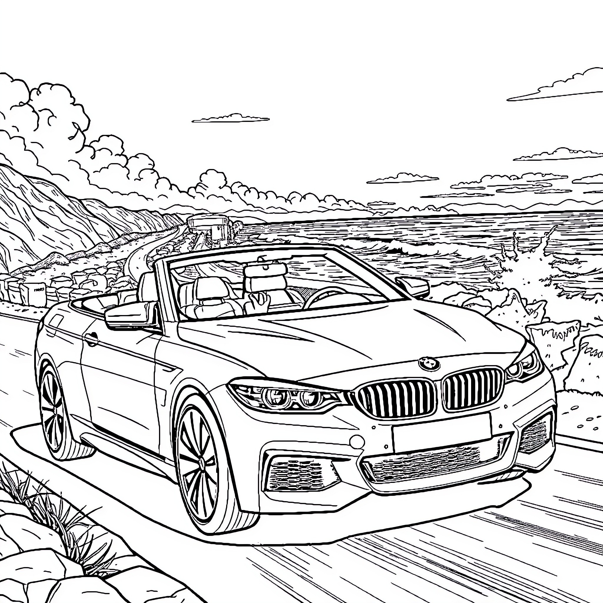 Barbie's Sporty Convertible Roadtrip Coloring Page (free black-and-white line drawing printable PDF for all, from beginners to advanced learners, including children, teens, adults, and seniors)