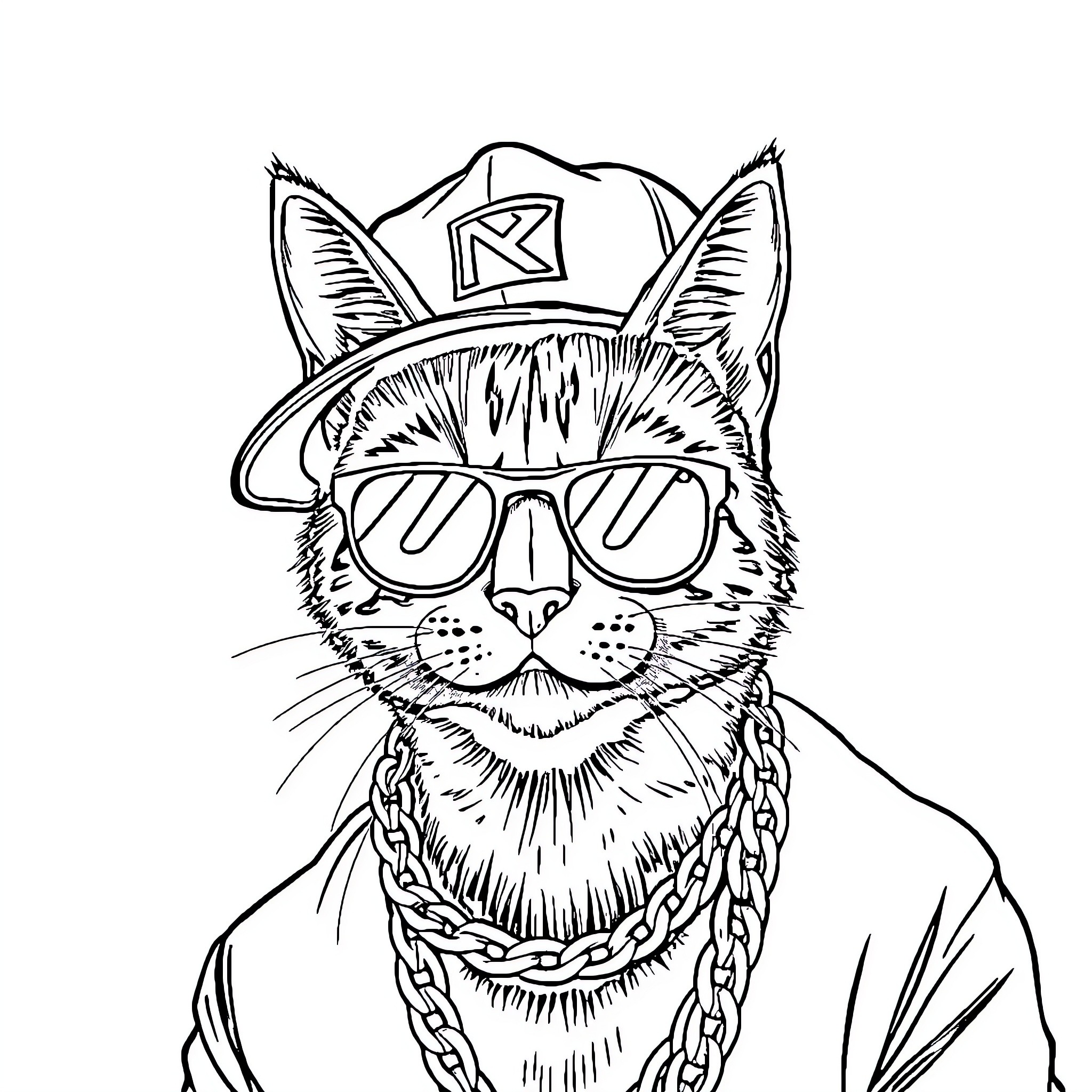 Gato Silvestre wearing stylish sunglasses and a cap Coloring Page (free black-and-white line drawing printable PDF for all, from beginners to advanced learners, including children, teens, adults, and seniors)