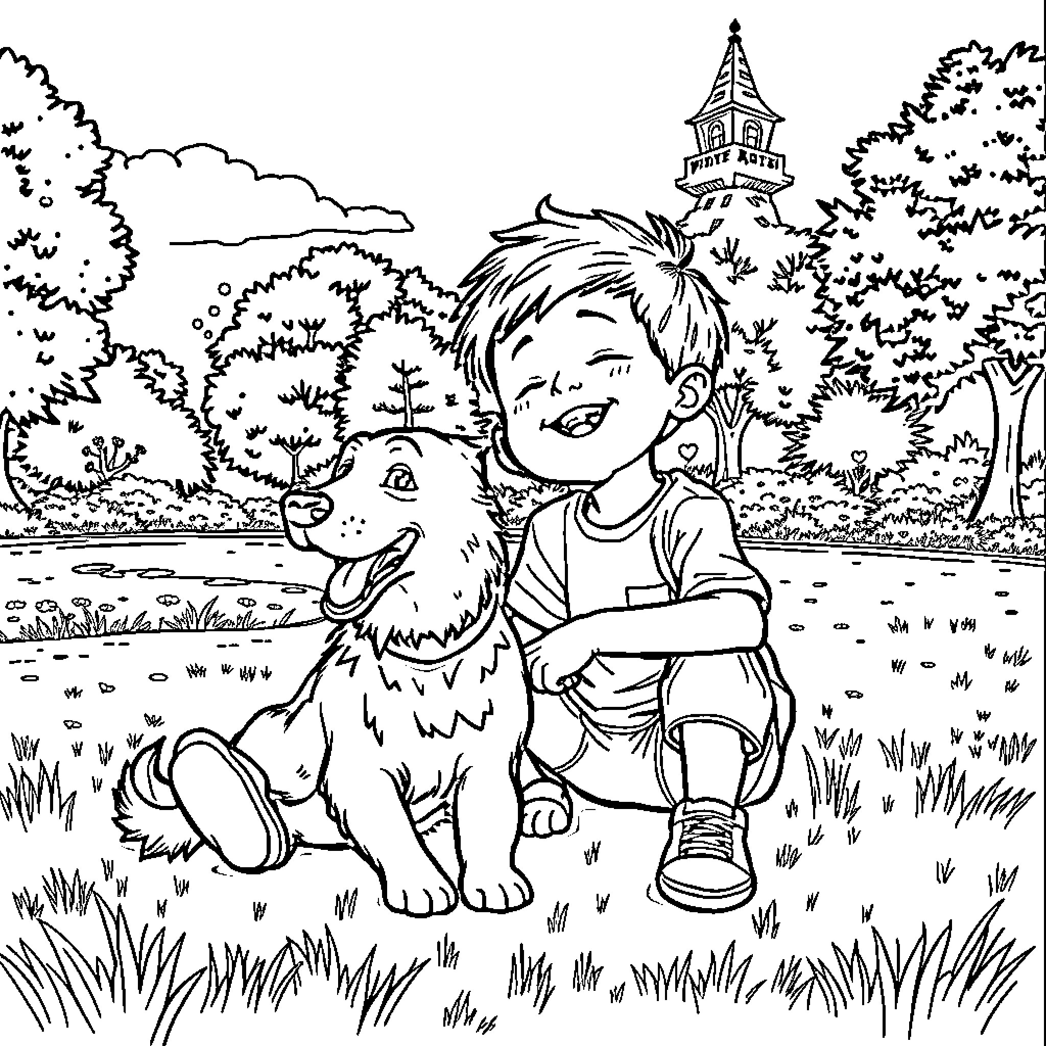 Child playing happily with a dog in a park Coloring Page (free black-and-white line drawing printable PDF for all, from beginners to advanced learners, including children, teens, adults, and seniors)