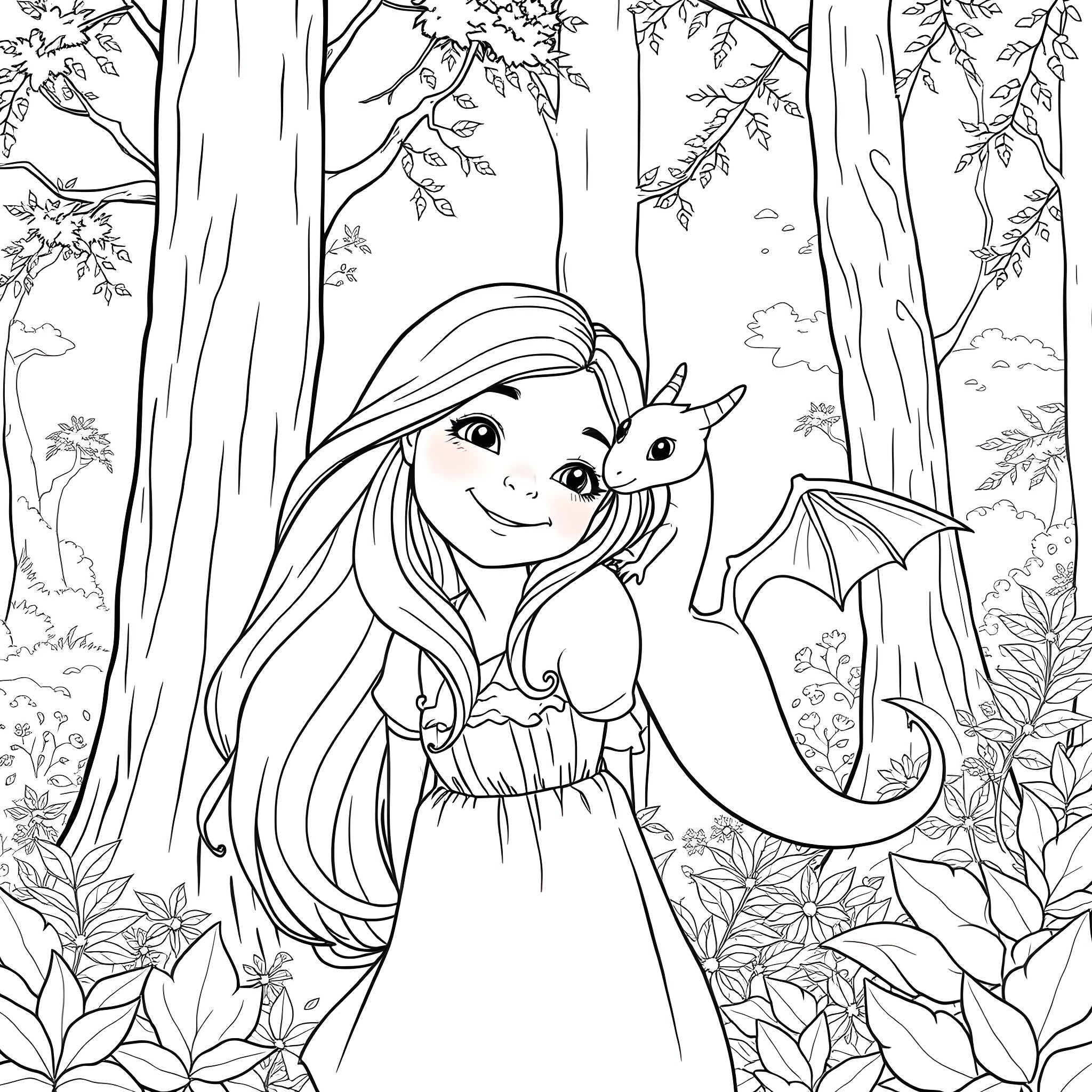 Girl playing with a pet dragon in the forest Coloring Page (free black-and-white line drawing printable PDF for all, from beginners to advanced learners, including children, teens, adults, and seniors)