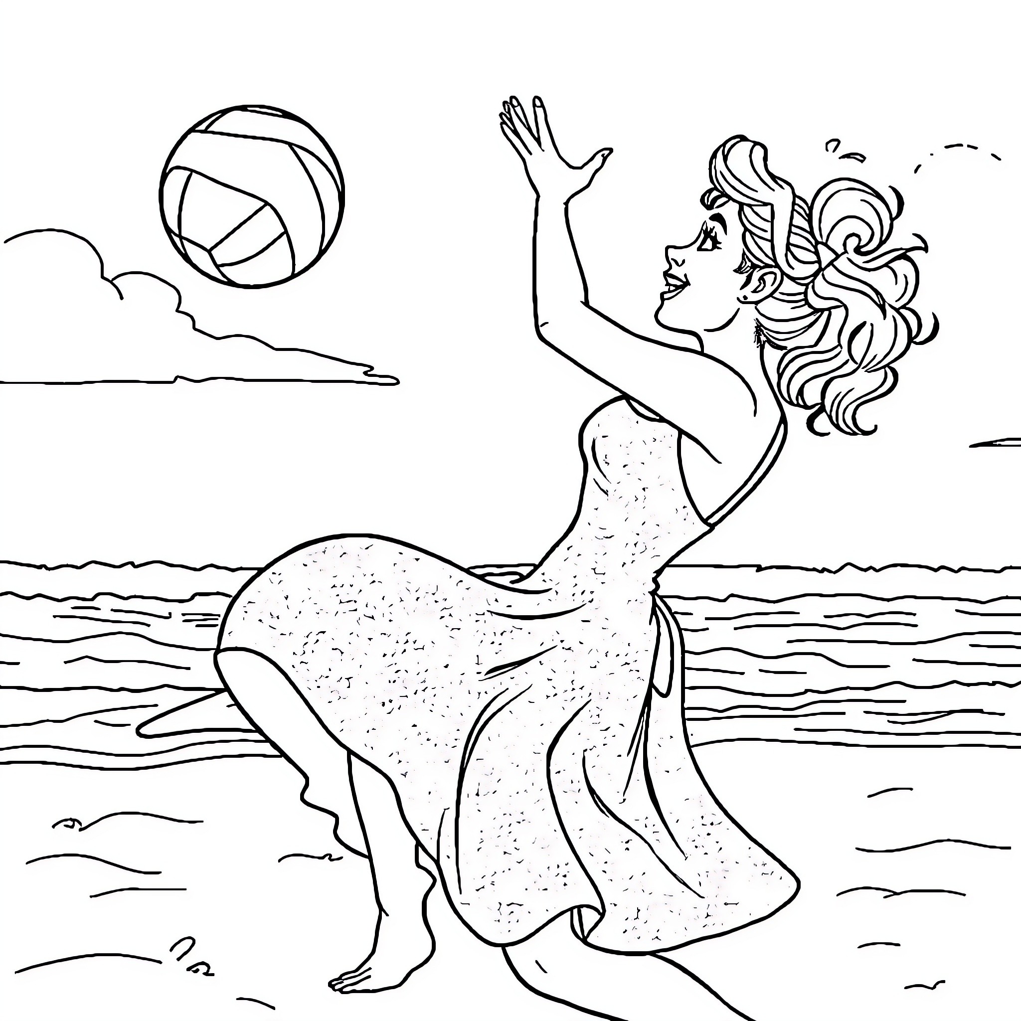 Cinderella dancing joyfully at the beach Coloring Page (free black-and-white line drawing printable PDF for all, from beginners to advanced learners, including children, teens, adults, and seniors)