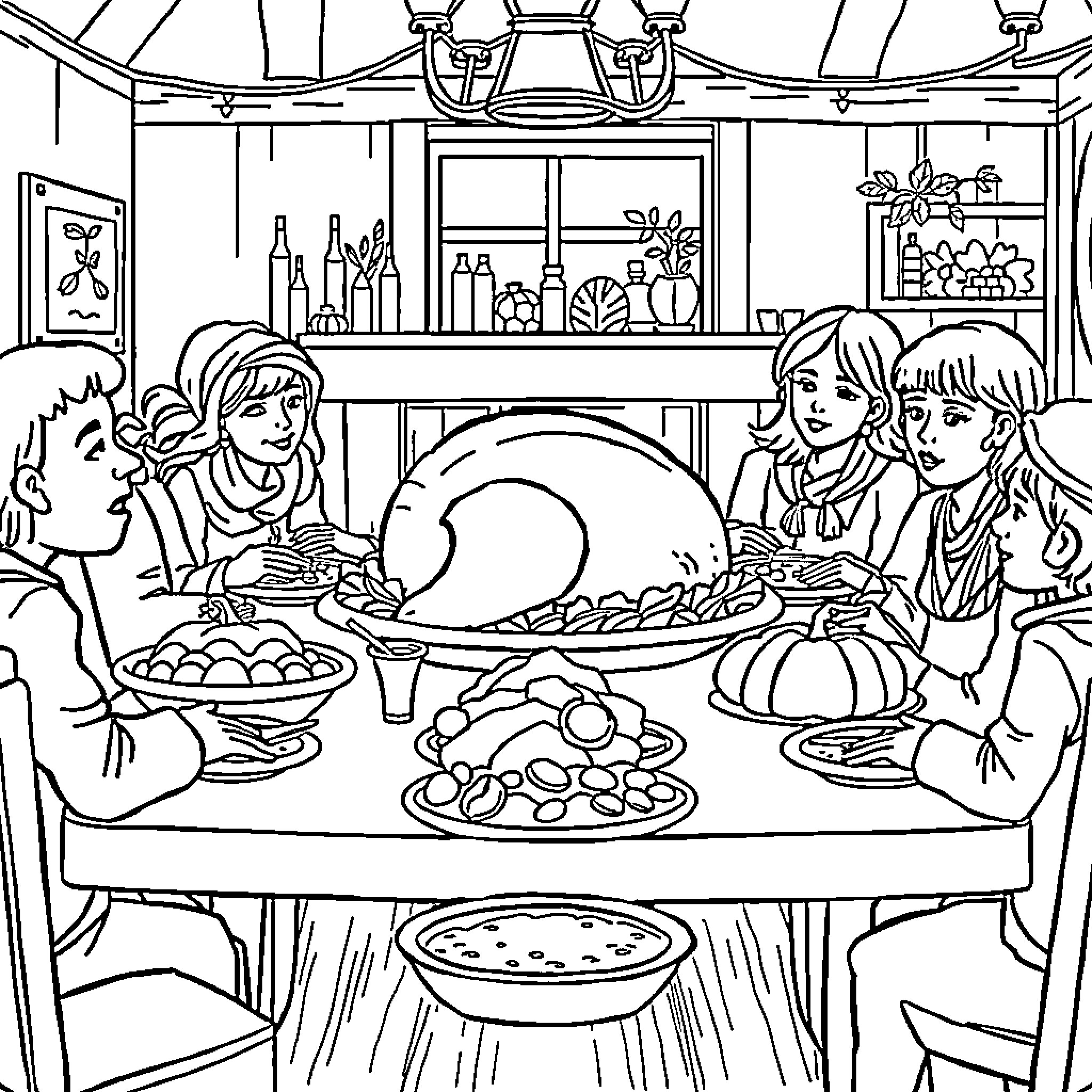 Thanksgiving Feast with Family Coloring Page (free black-and-white line drawing printable PDF for all, from beginners to advanced learners, including children, teens, adults, and seniors)