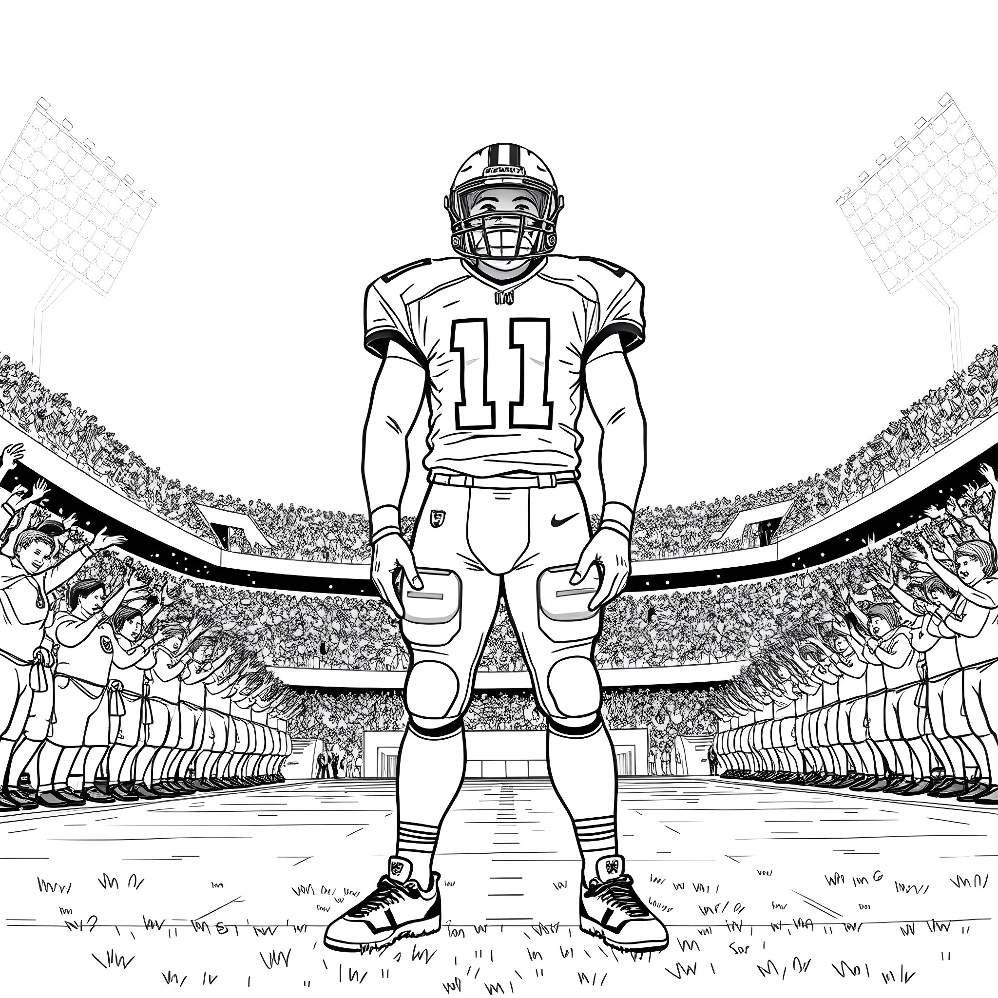 Caleb Williams, Football Player in Stadium Coloring Page (free black-and-white line drawing printable PDF for all, from beginners to advanced learners, including children, teens, adults, and seniors)
