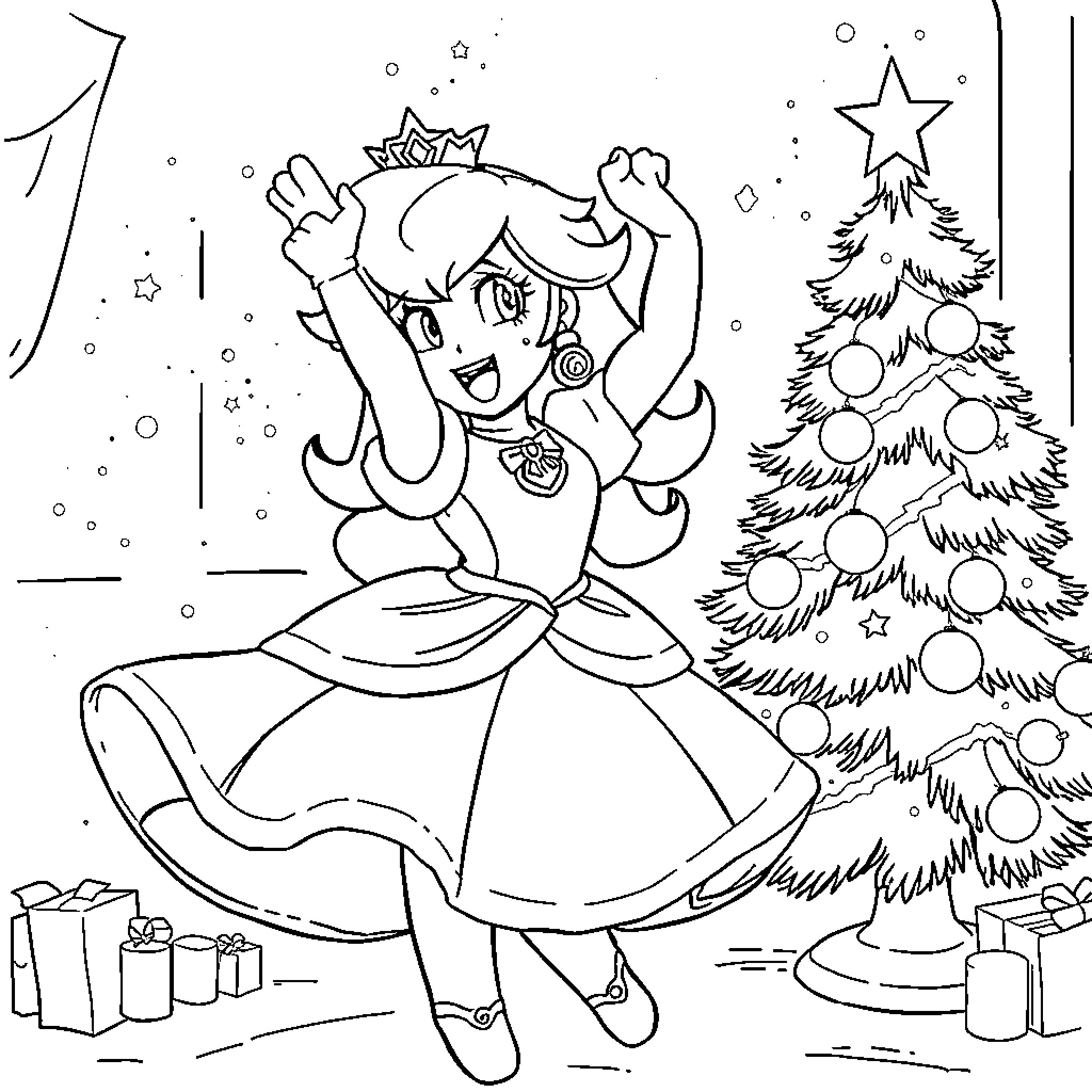 Princess celebrating joyfully near Christmas tree Coloring Page (free black-and-white line drawing printable PDF for all, from beginners to advanced learners, including children, teens, adults, and seniors)