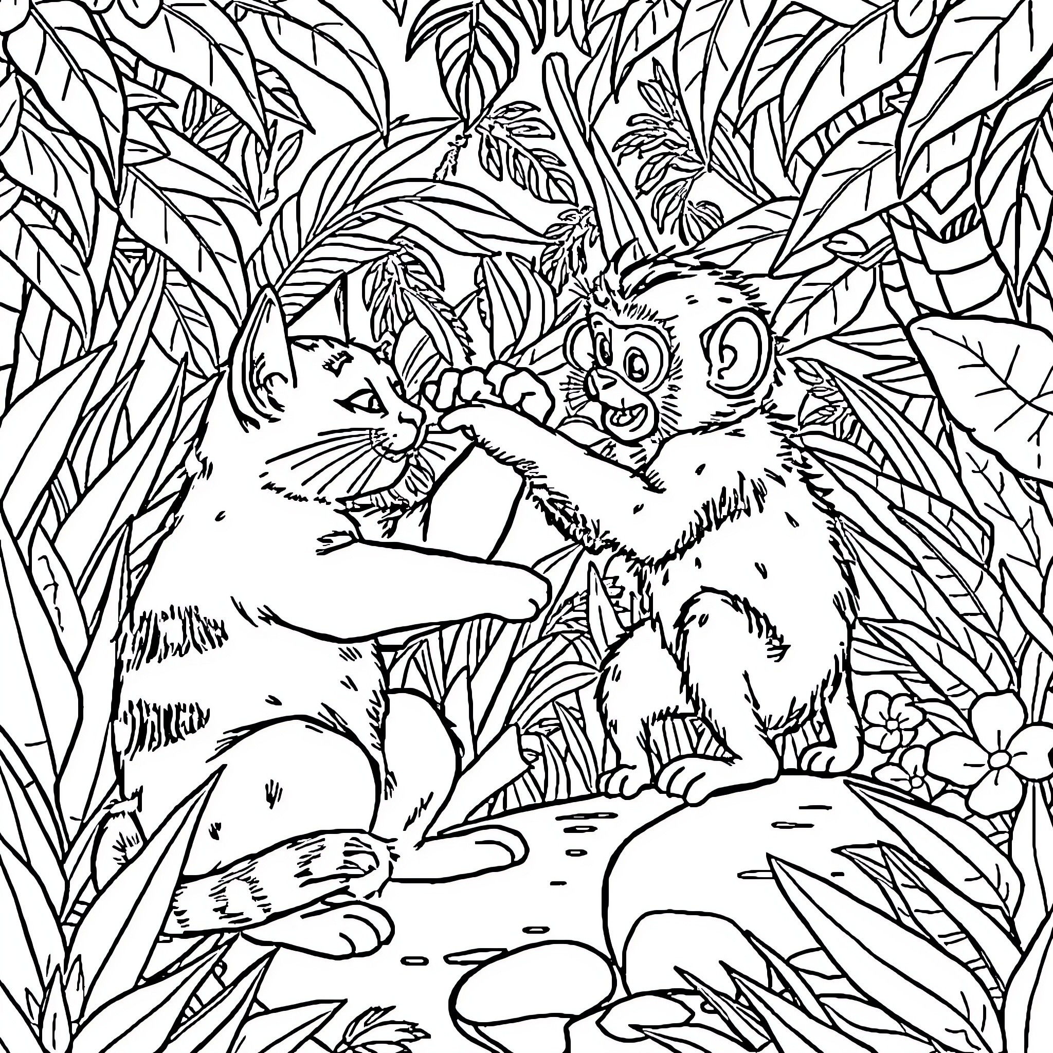 Cat and Monkey Playing in the Jungle Coloring Page (free black-and-white line drawing printable PDF for all, from beginners to advanced learners, including children, teens, adults, and seniors)
