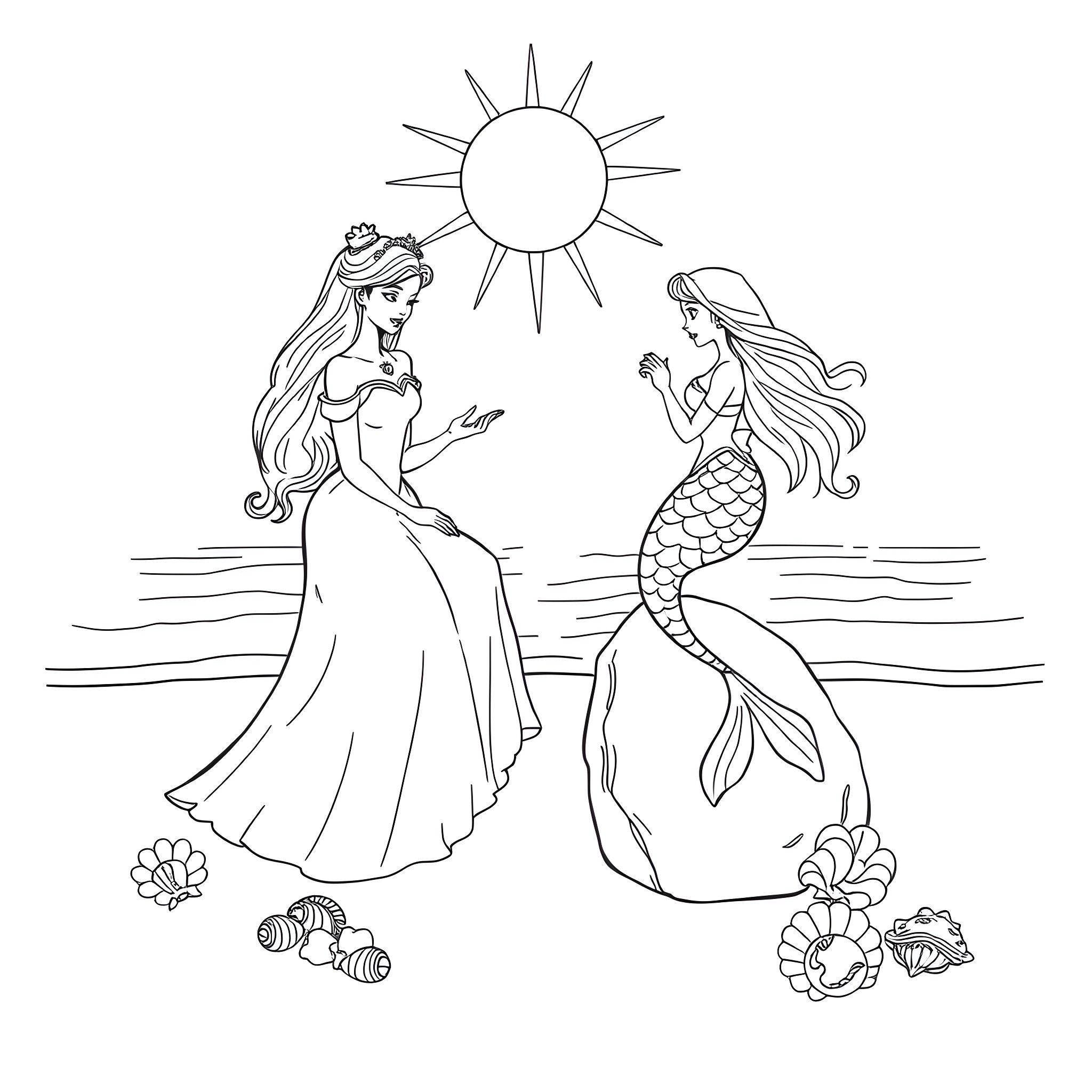 Princess Mermaids Basking in the Sunlight Coloring Page (free black-and-white line drawing printable PDF for all, from beginners to advanced learners, including children, teens, adults, and seniors)