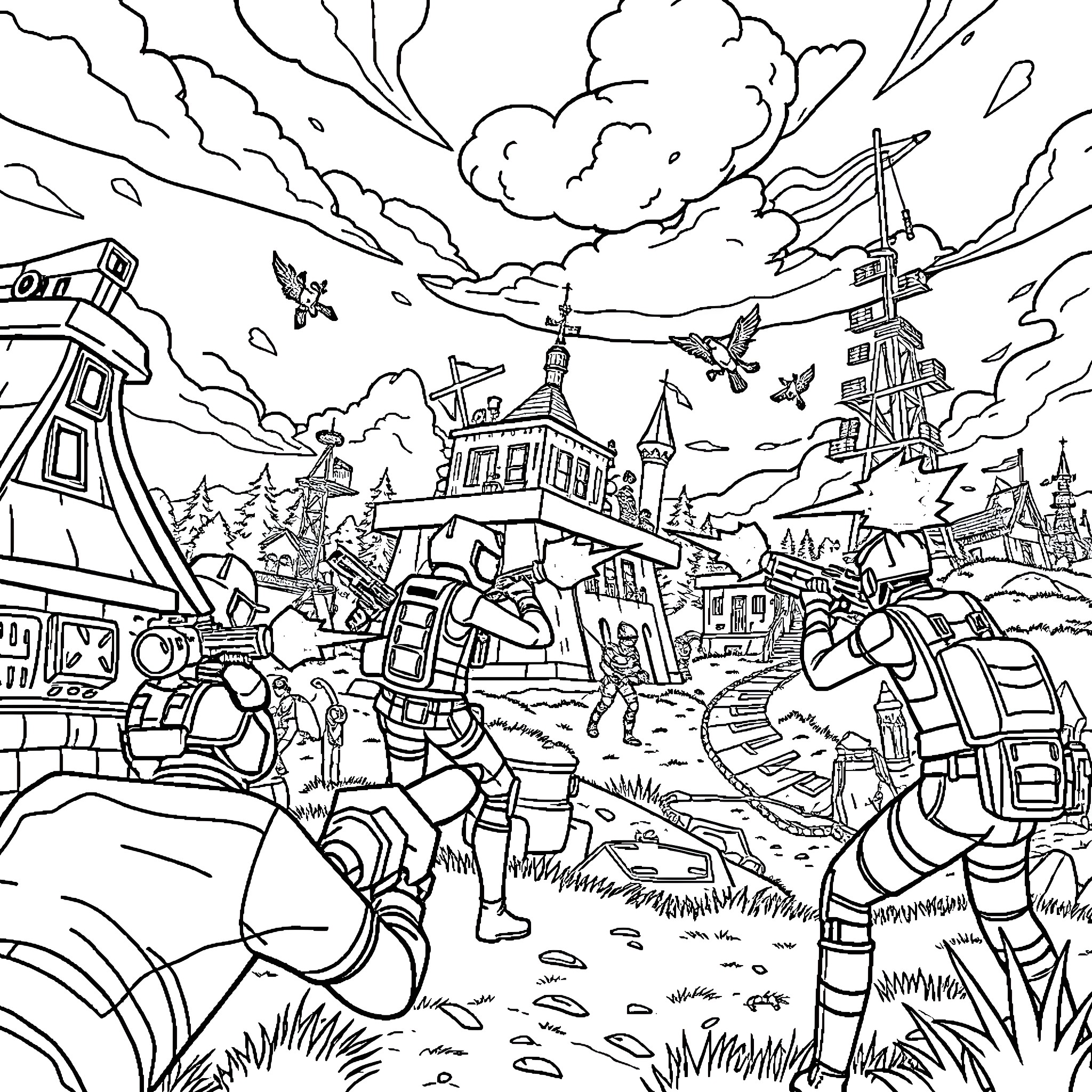 Fortnite characters in a chaotic battle scene Coloring Page (free black-and-white line drawing printable PDF for all, from beginners to advanced learners, including children, teens, adults, and seniors)