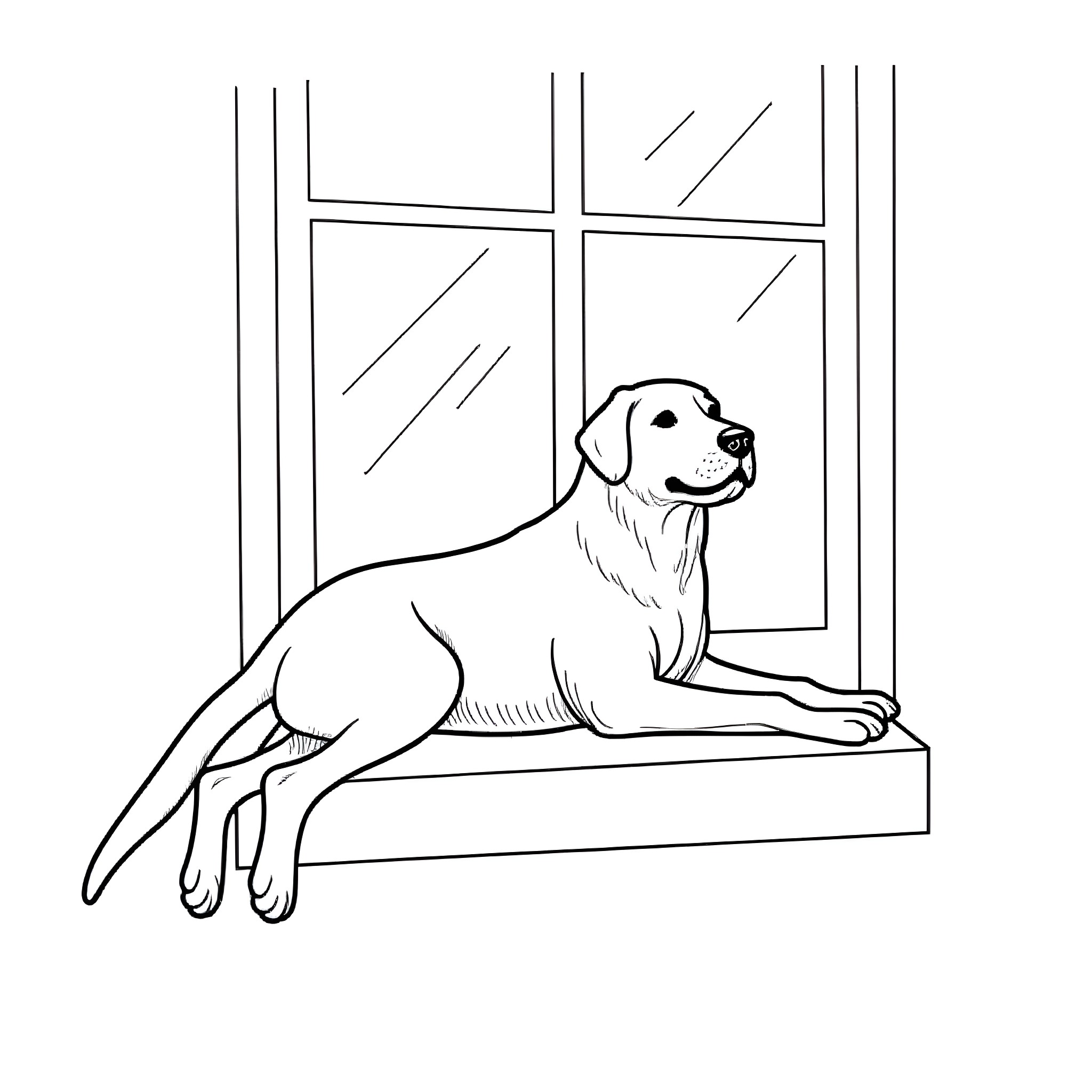 Labrador resting peacefully by the window Coloring Page (free black-and-white line drawing printable PDF for all, from beginners to advanced learners, including children, teens, adults, and seniors)