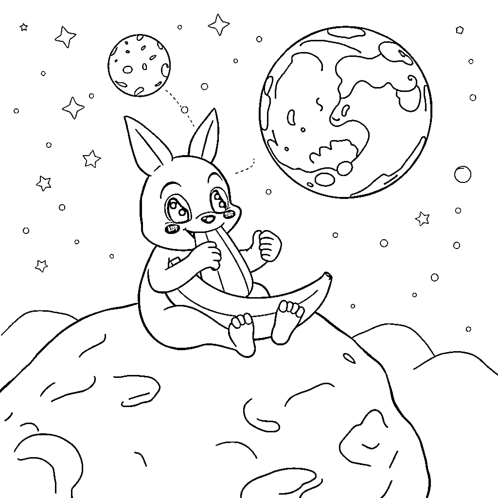 Huntrix explores the celestial world with wonder Coloring Page (free black-and-white line drawing printable PDF for all, from beginners to advanced learners, including children, teens, adults, and seniors)