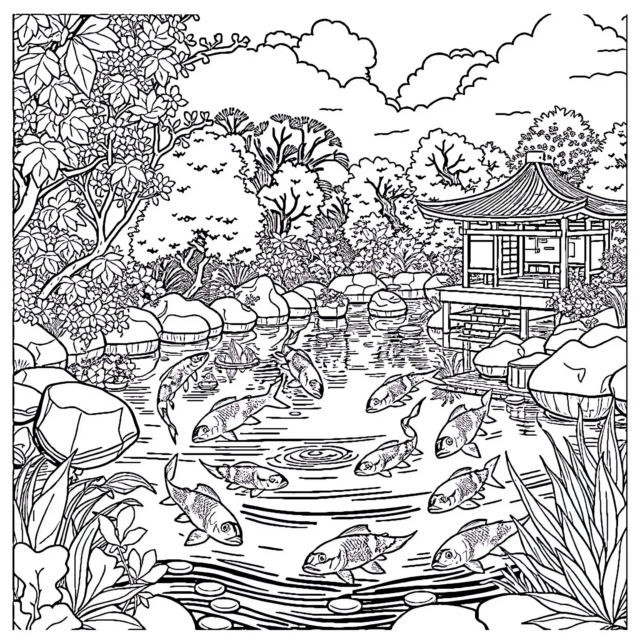 Garden with Koi Pond and Pavilion Coloring Page (free black-and-white line drawing printable PDF for all, from beginners to advanced learners, including children, teens, adults, and seniors)