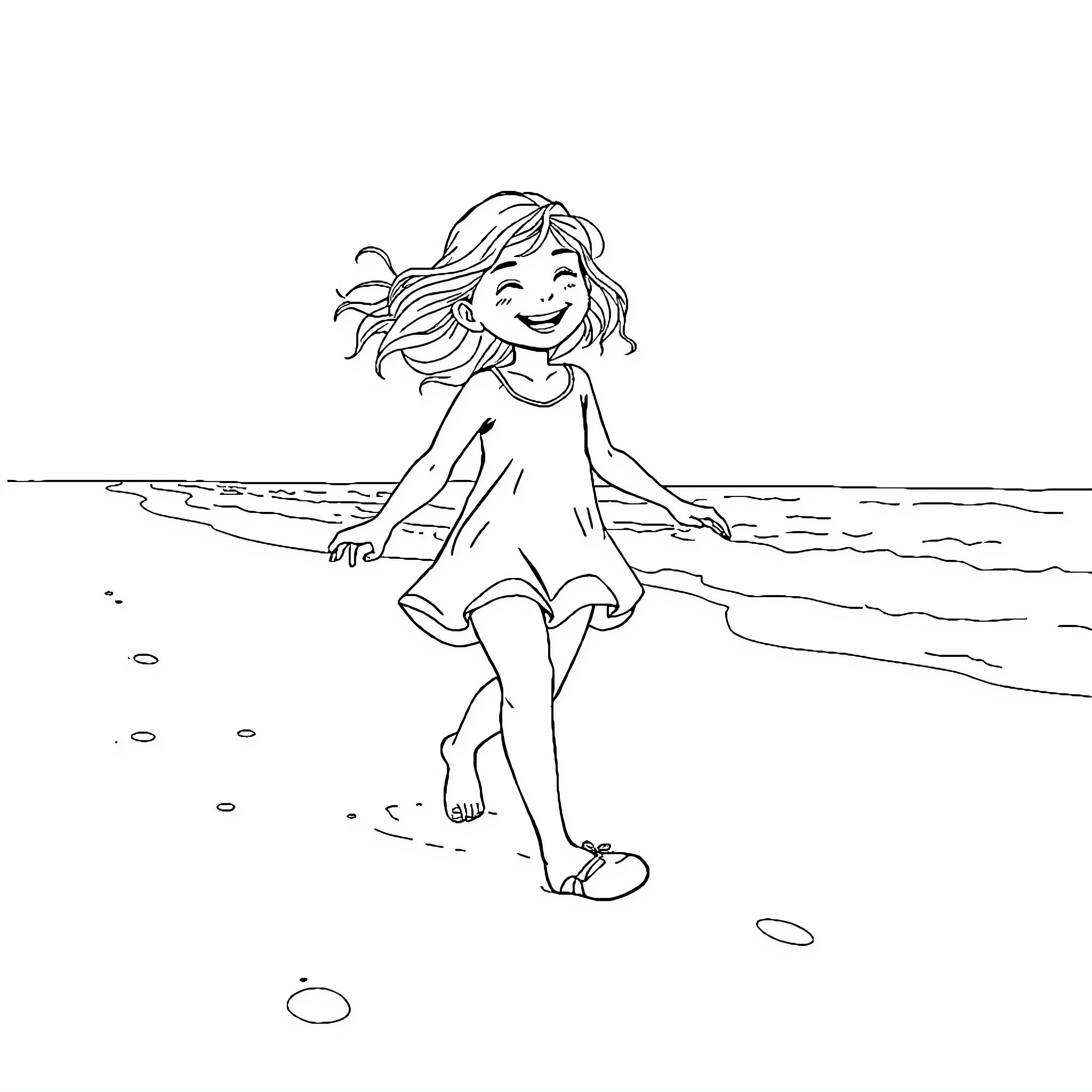 Girl playing joyfully at the beach Coloring Page (free black-and-white line drawing printable PDF for all, from beginners to advanced learners, including children, teens, adults, and seniors)