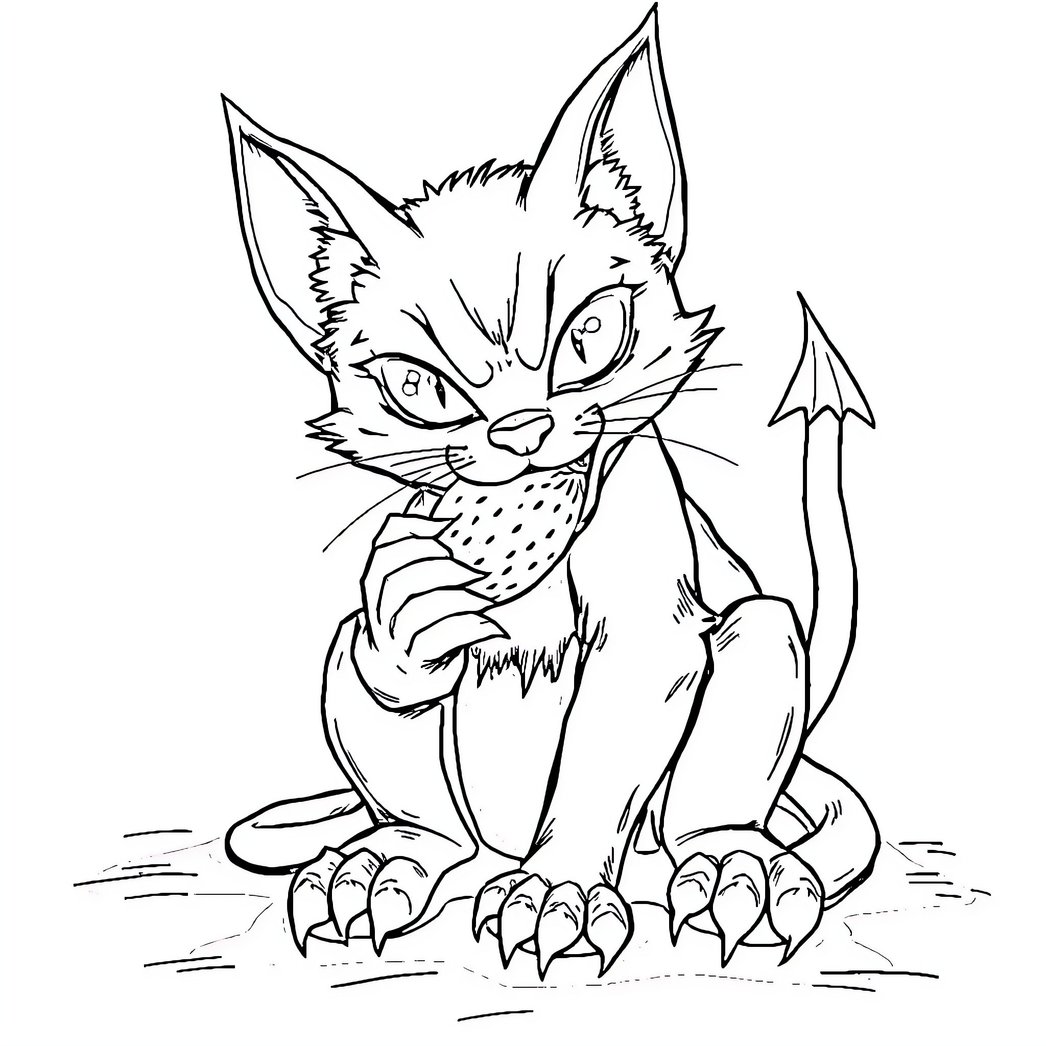 Cat drawing with sharp claws and intense gaze Coloring Page (free black-and-white line drawing printable PDF for all, from beginners to advanced learners, including children, teens, adults, and seniors)