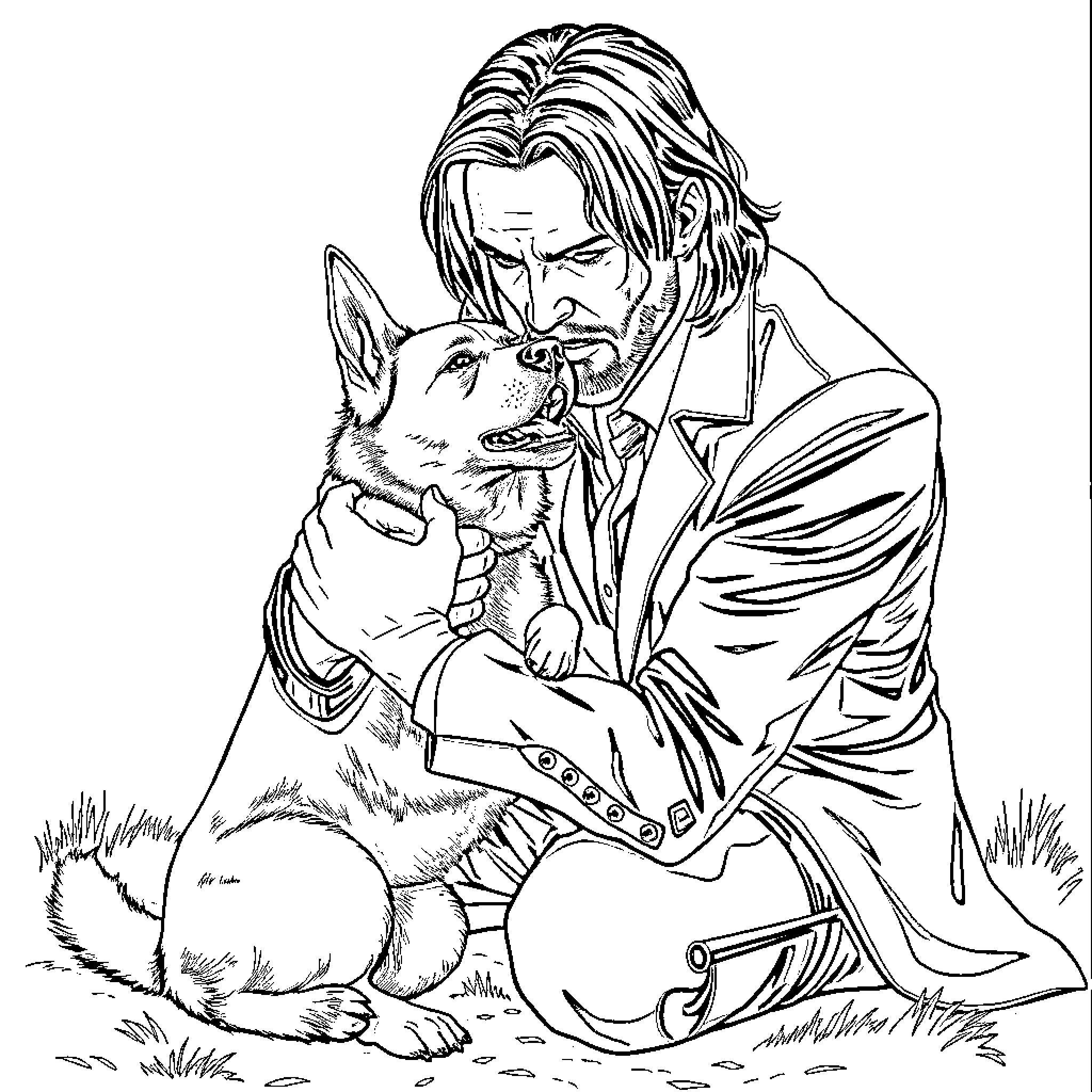 John Wick comforting loyal companion in the field Coloring Page (free black-and-white line drawing printable PDF for all, from beginners to advanced learners, including children, teens, adults, and seniors)