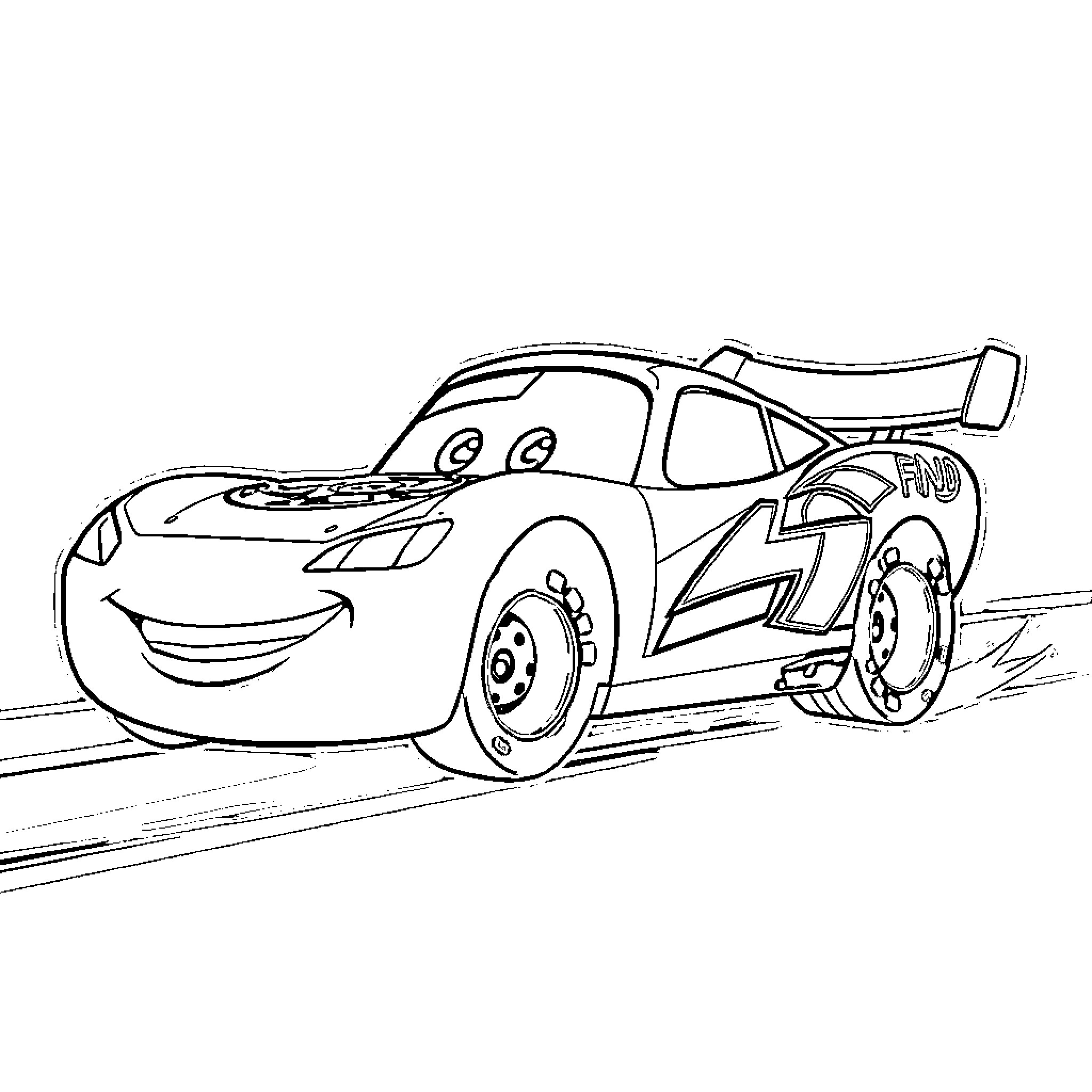 Flash McQueen racing on the track Coloring Page (free black-and-white line drawing printable PDF for all, from beginners to advanced learners, including children, teens, adults, and seniors)