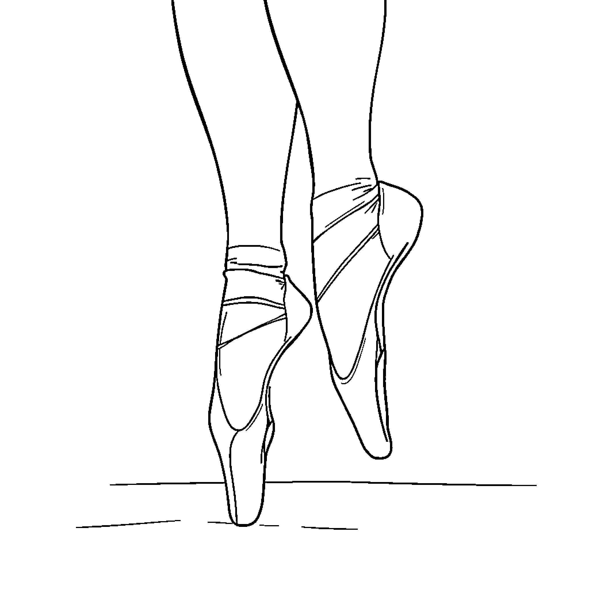 Ballet Dancer's Graceful Feet and Poised Pose Coloring Page (free black-and-white line drawing printable PDF for all, from beginners to advanced learners, including children, teens, adults, and seniors)
