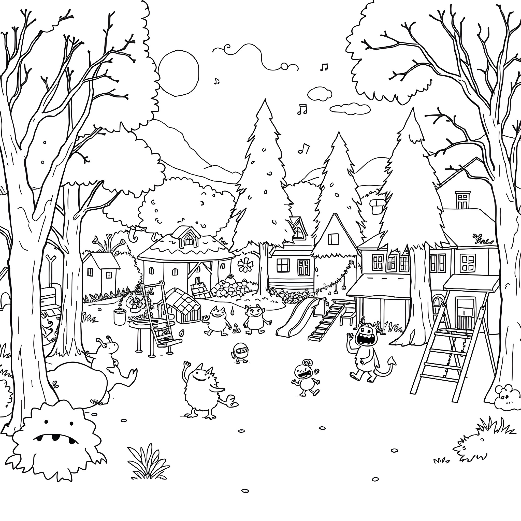Monster Creatures Frolicking in a Winter Wonderland Coloring Page (free black-and-white line drawing printable PDF for all, from beginners to advanced learners, including children, teens, adults, and seniors)