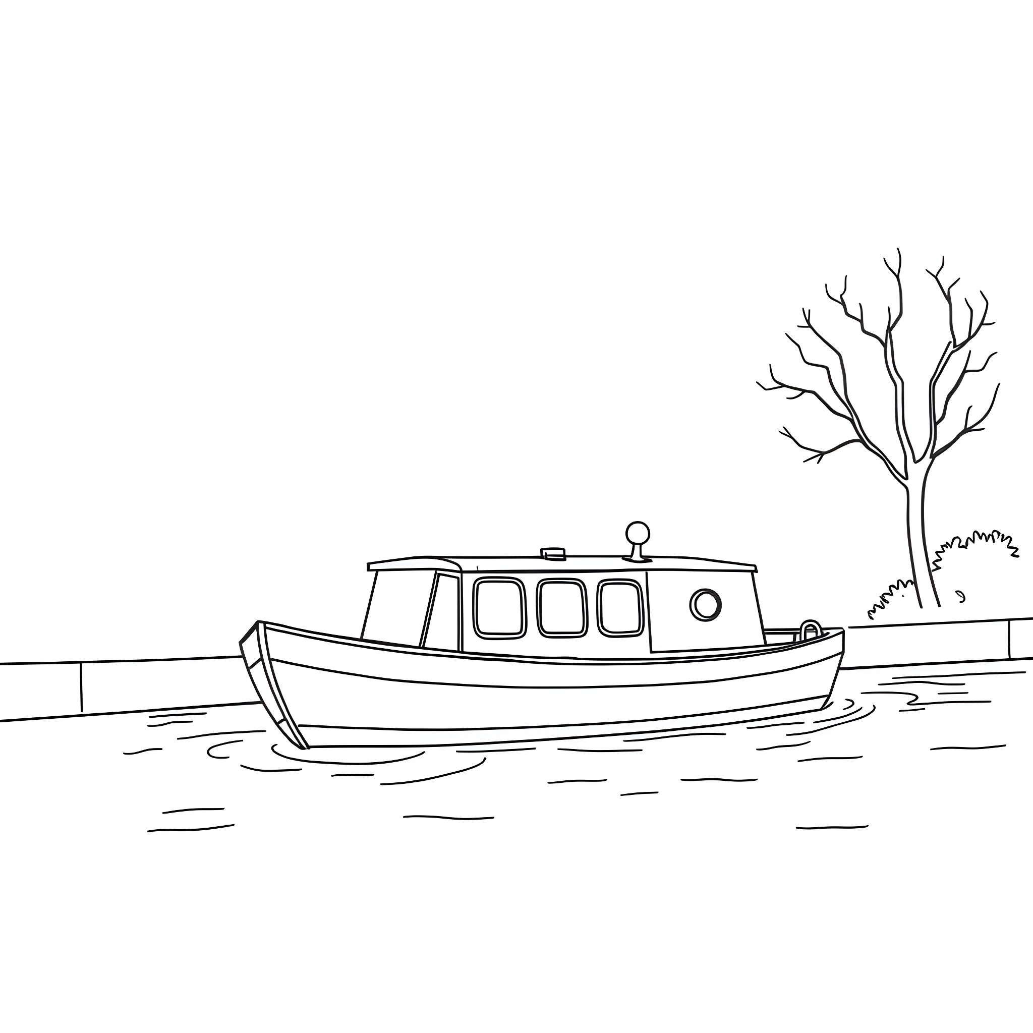 Canalboat floating on the serene waterway Coloring Page (free black-and-white line drawing printable PDF for all, from beginners to advanced learners, including children, teens, adults, and seniors)
