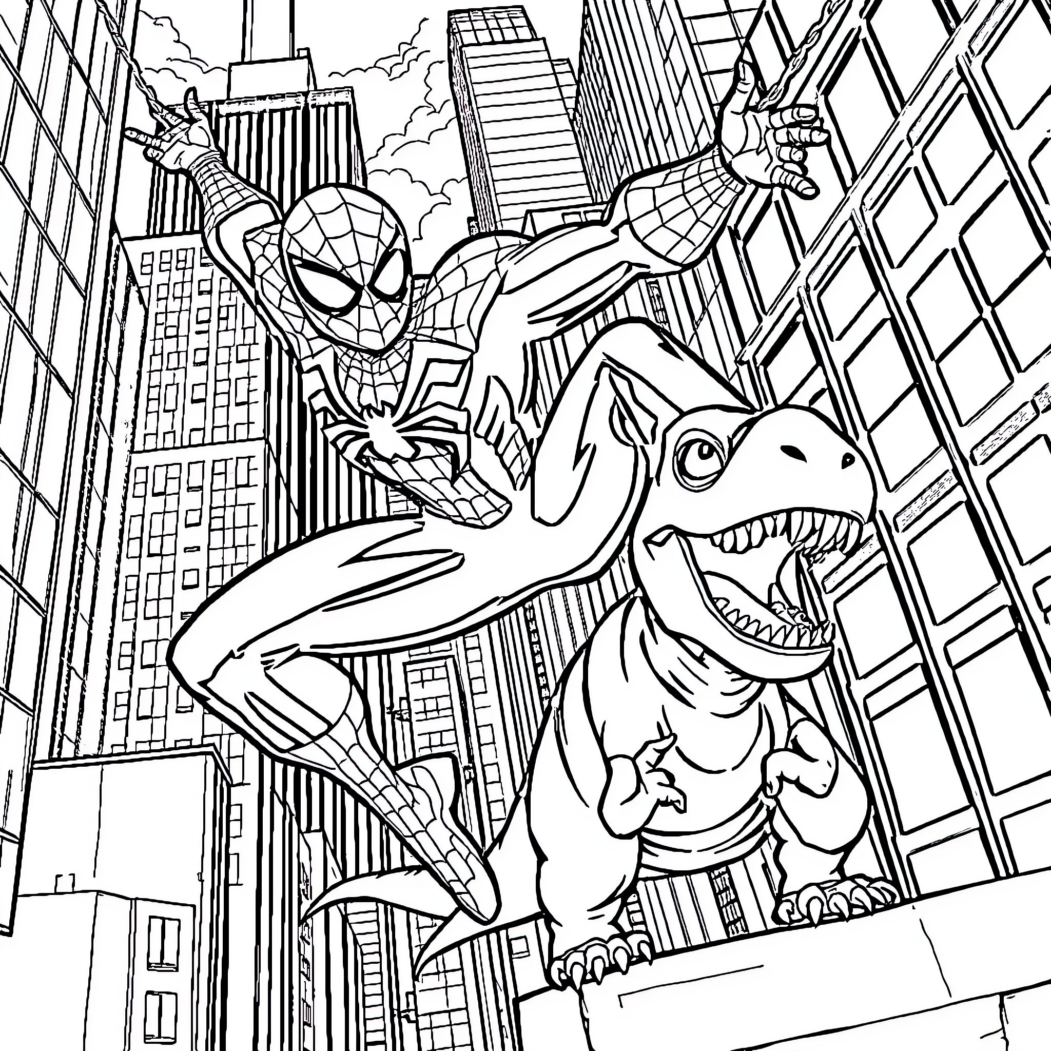 Spiderman swinging through the city against a giant dinosaur Coloring Page (free black-and-white line drawing printable PDF for all, from beginners to advanced learners, including children, teens, adults, and seniors)