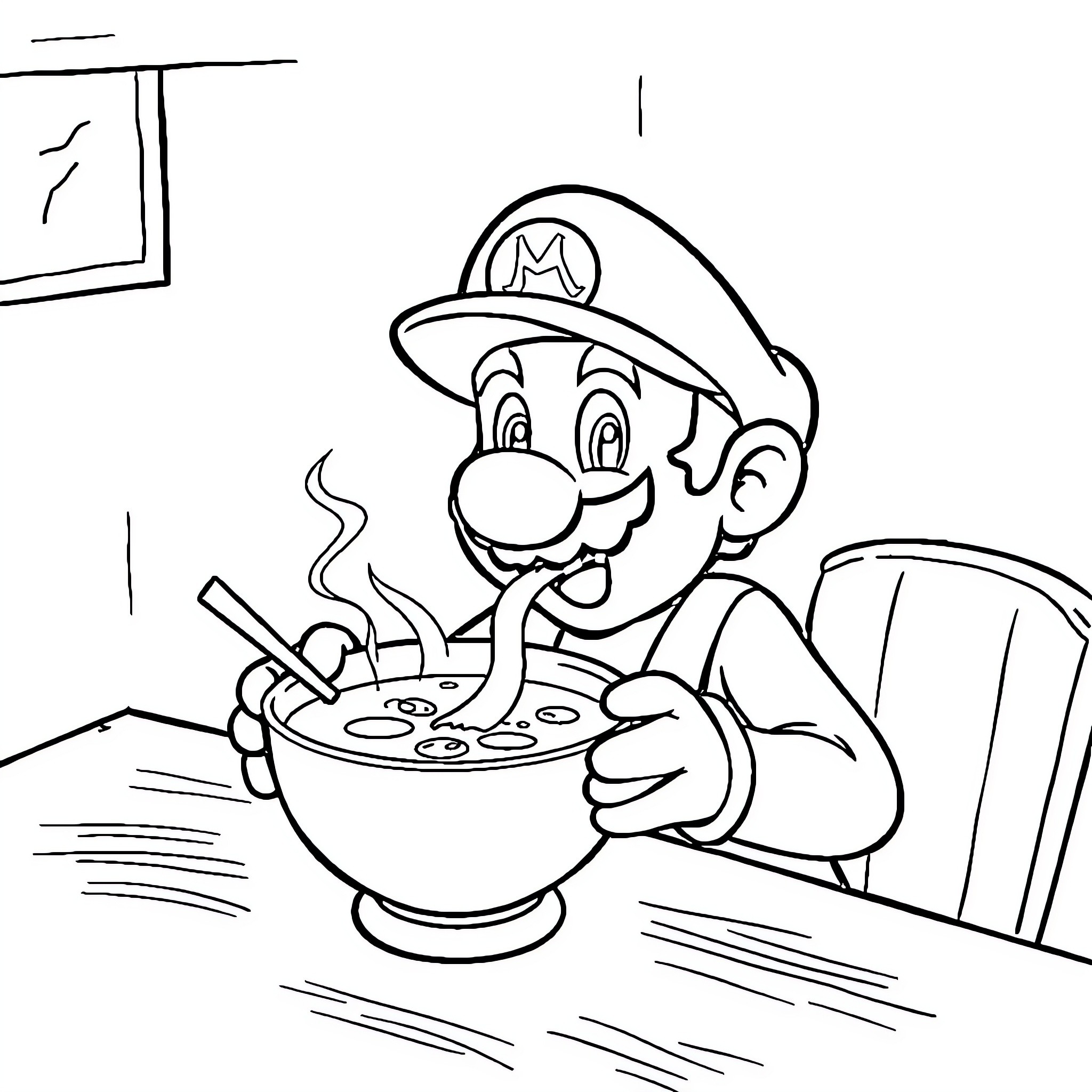 Mario enjoying a hot meal at home Coloring Page (free black-and-white line drawing printable PDF for all, from beginners to advanced learners, including children, teens, adults, and seniors)