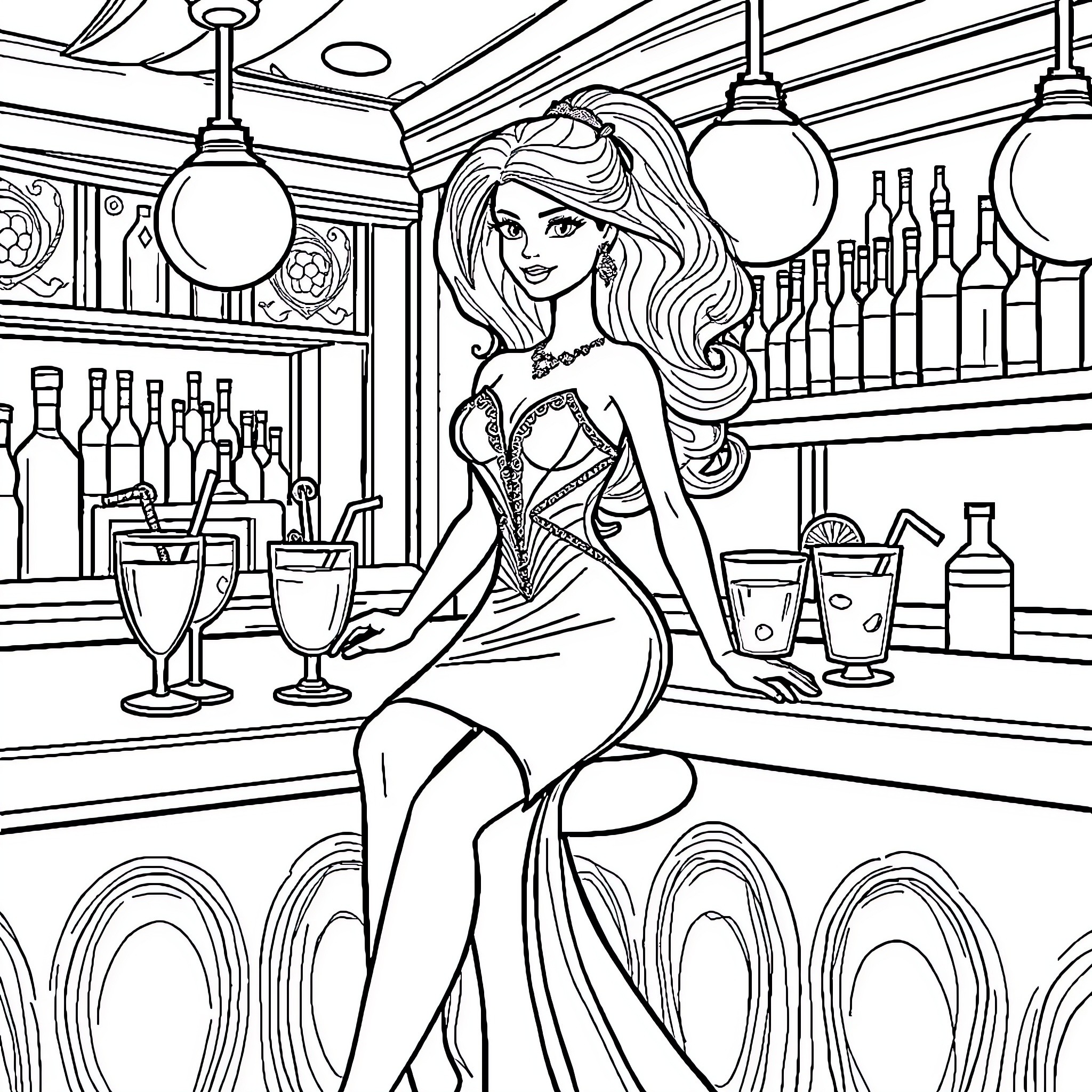 Barbie Relaxing at the Classy Bar Coloring Page (free black-and-white line drawing printable PDF for all, from beginners to advanced learners, including children, teens, adults, and seniors)