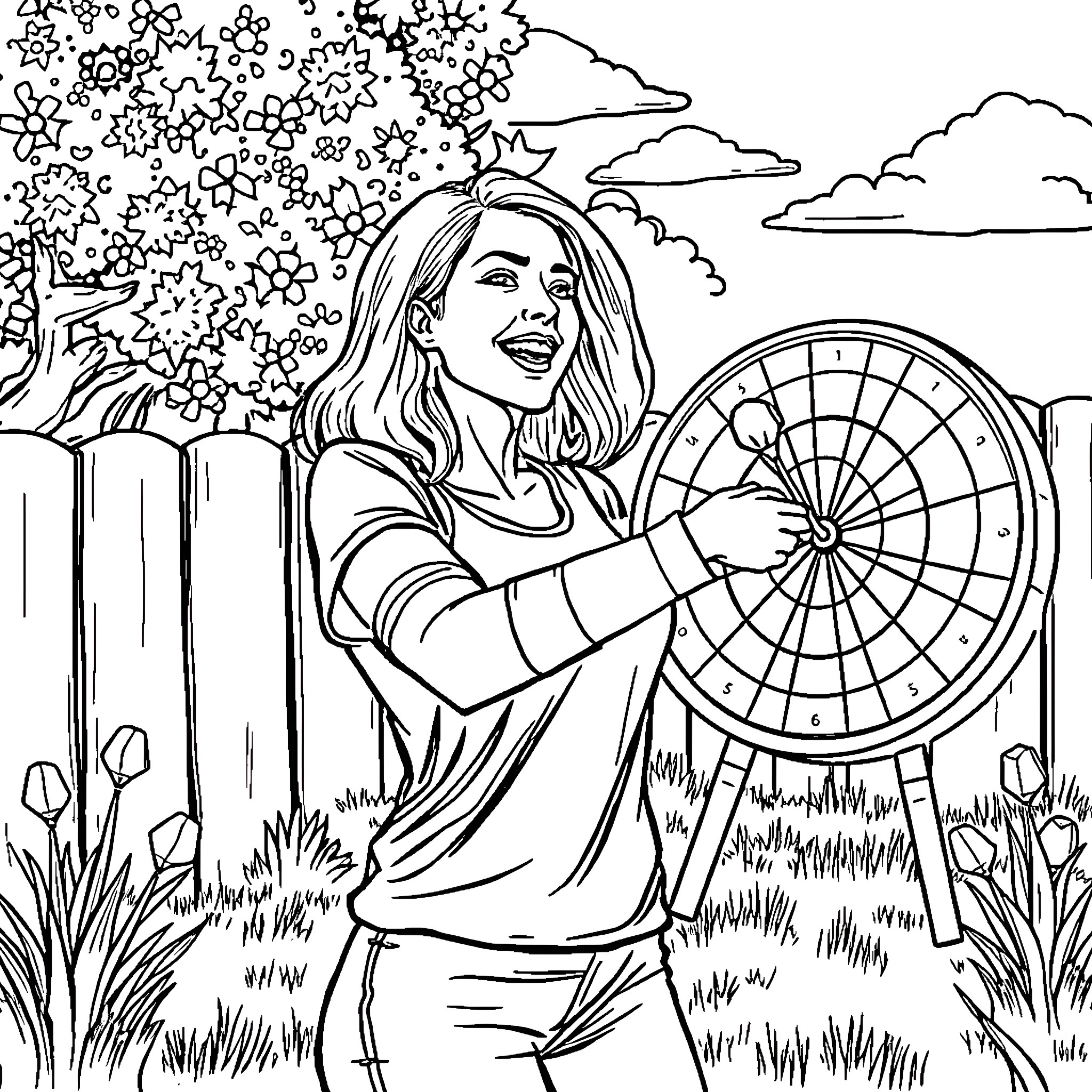 Lady Enjoying a Game in the Floral Garden Coloring Page (free black-and-white line drawing printable PDF for all, from beginners to advanced learners, including children, teens, adults, and seniors)