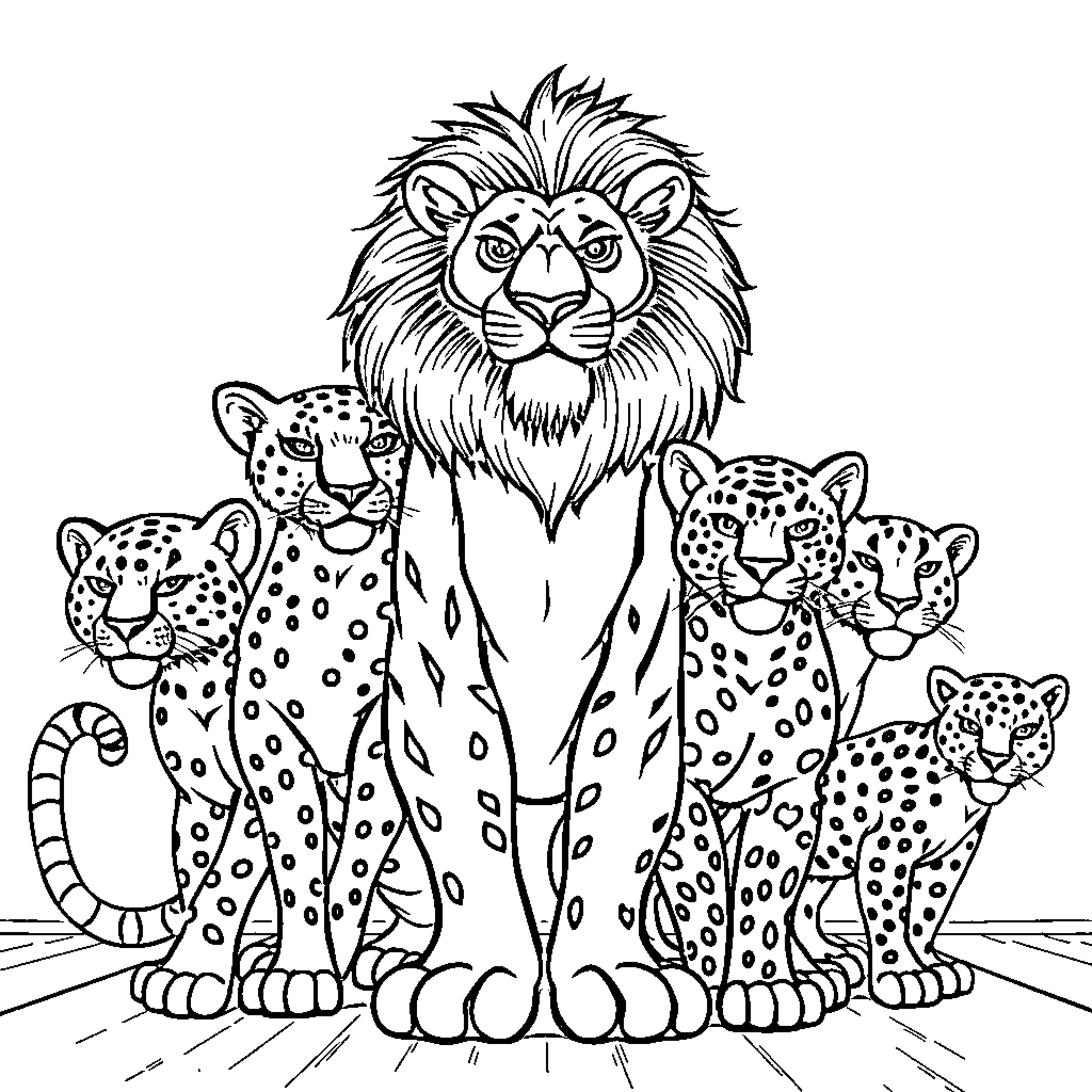 Big Cat Family Gathering in the Wild Coloring Page (free black-and-white line drawing printable PDF for all, from beginners to advanced learners, including children, teens, adults, and seniors)