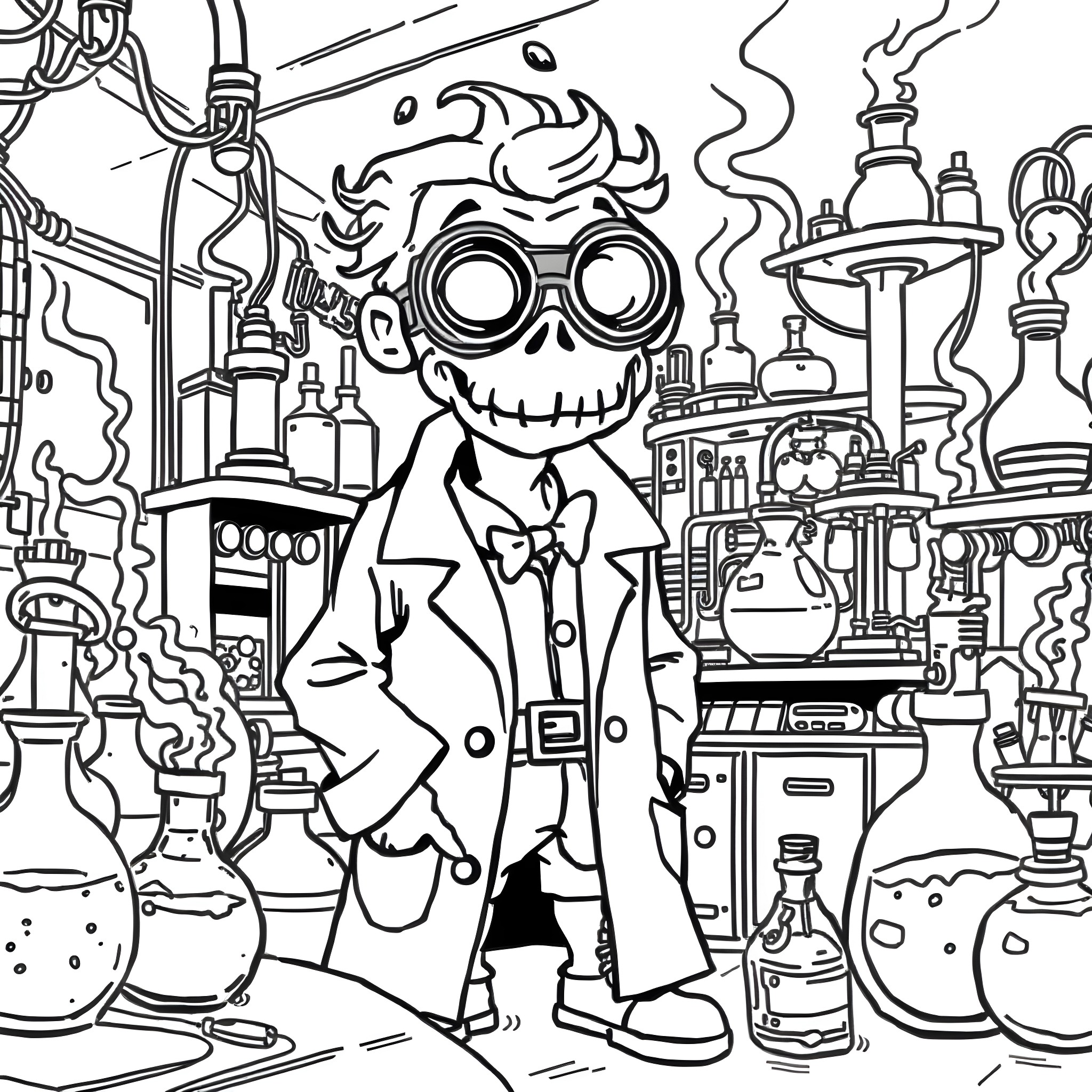 Creeper Scientist's Mysterious Laboratory Coloring Page (free black-and-white line drawing printable PDF for all, from beginners to advanced learners, including children, teens, adults, and seniors)