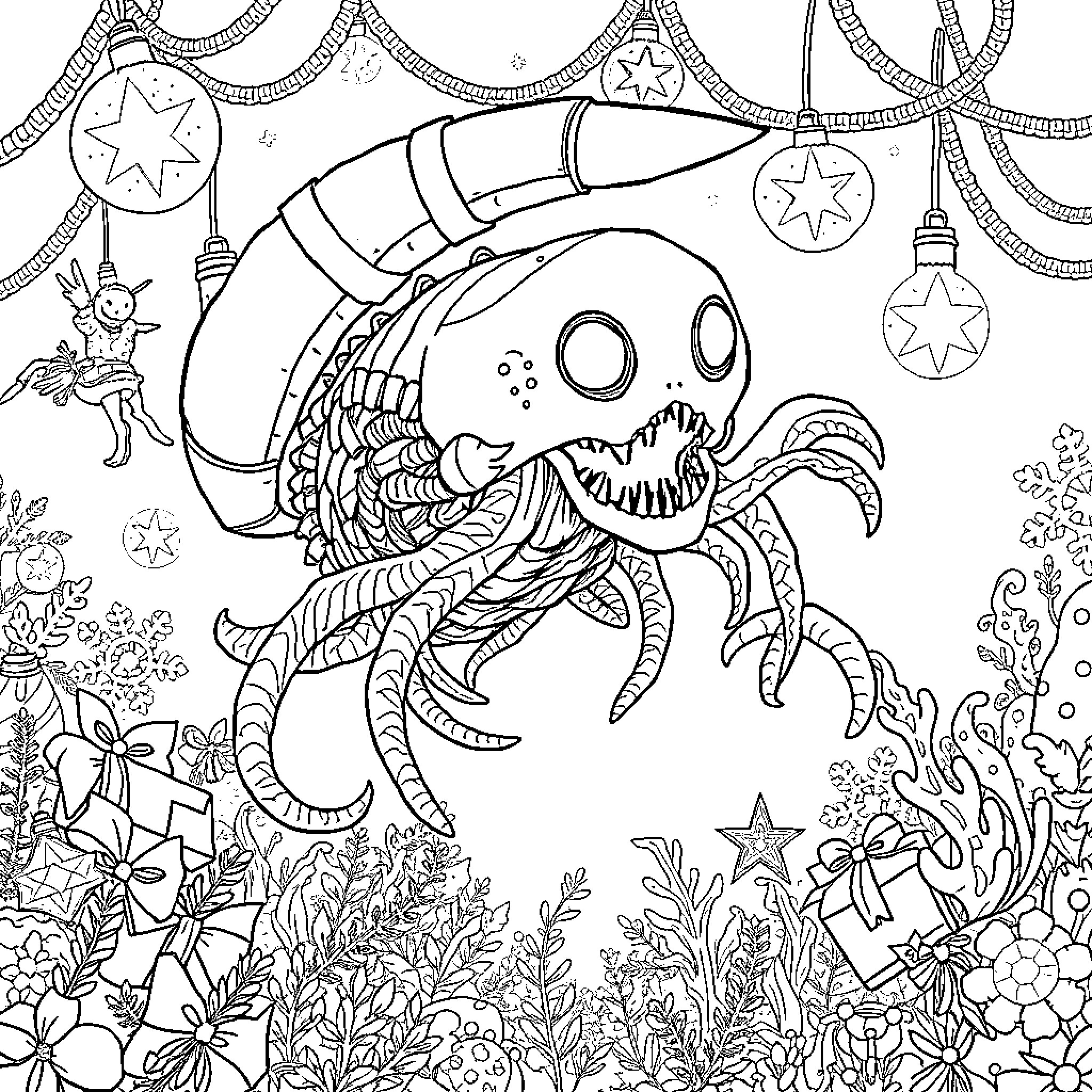 Reaper of the Deep Sea Realm Coloring Page (free black-and-white line drawing printable PDF for all, from beginners to advanced learners, including children, teens, adults, and seniors)