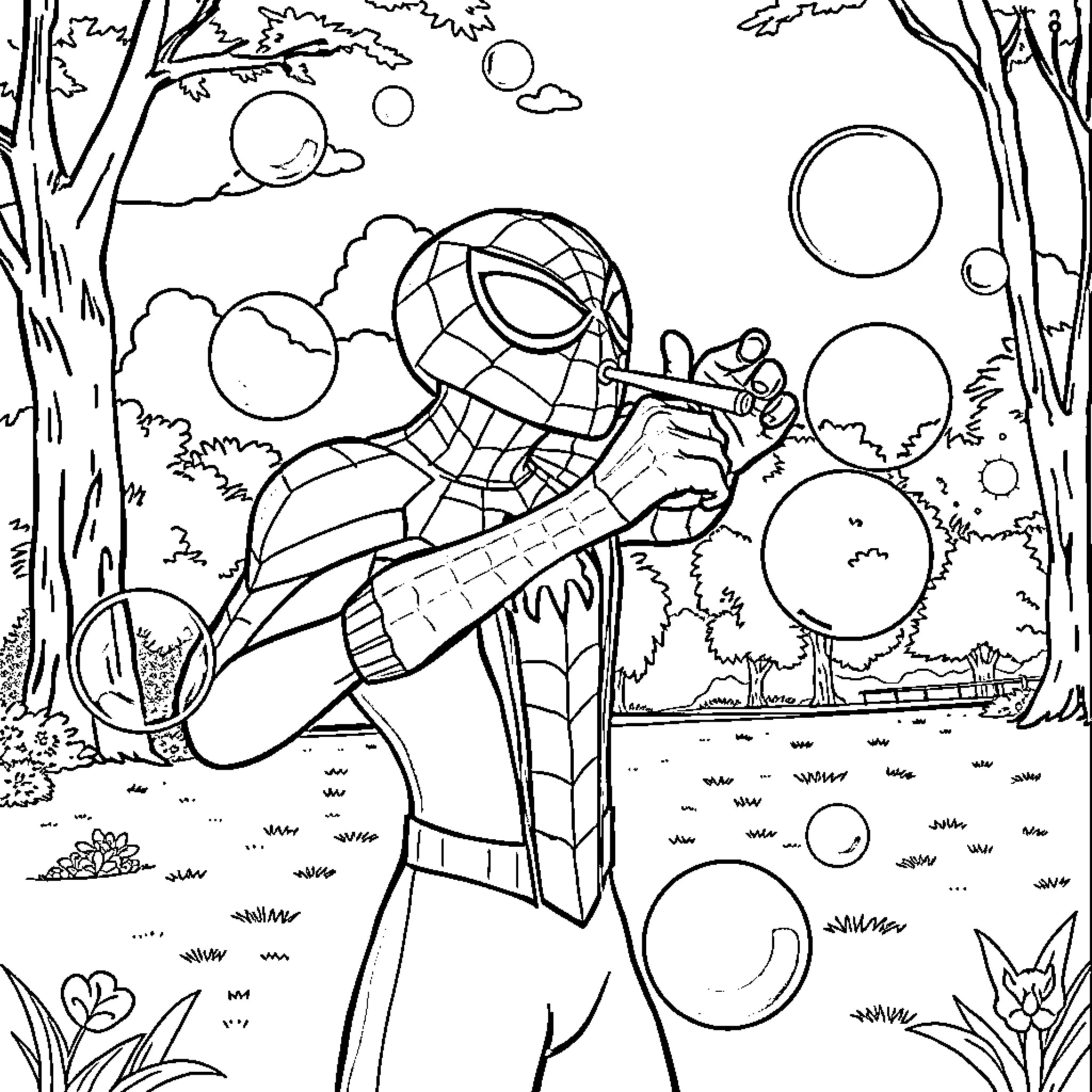 Spider-Man exploring the outdoor landscape Coloring Page (free black-and-white line drawing printable PDF for all, from beginners to advanced learners, including children, teens, adults, and seniors)