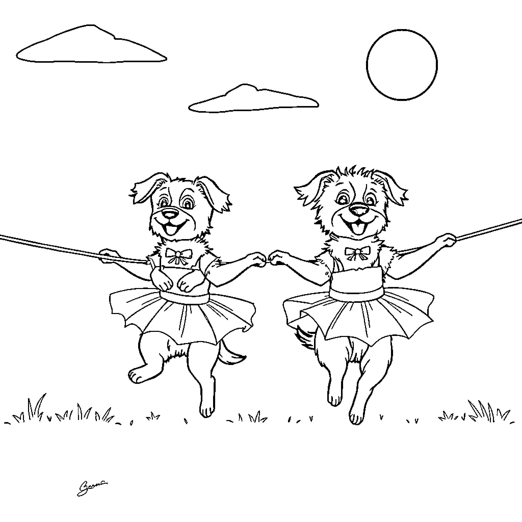 Dogs dancing playfully in tutu outfits Coloring Page (free black-and-white line drawing printable PDF for all, from beginners to advanced learners, including children, teens, adults, and seniors)