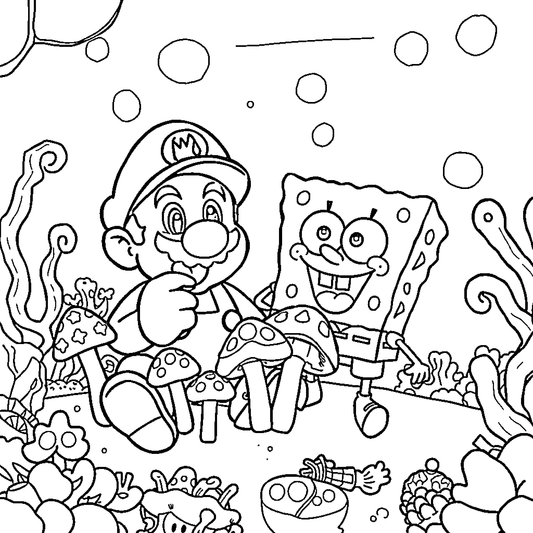 Super Mario and SpongeBob's Underwater Adventure Coloring Page (free black-and-white line drawing printable PDF for all, from beginners to advanced learners, including children, teens, adults, and seniors)