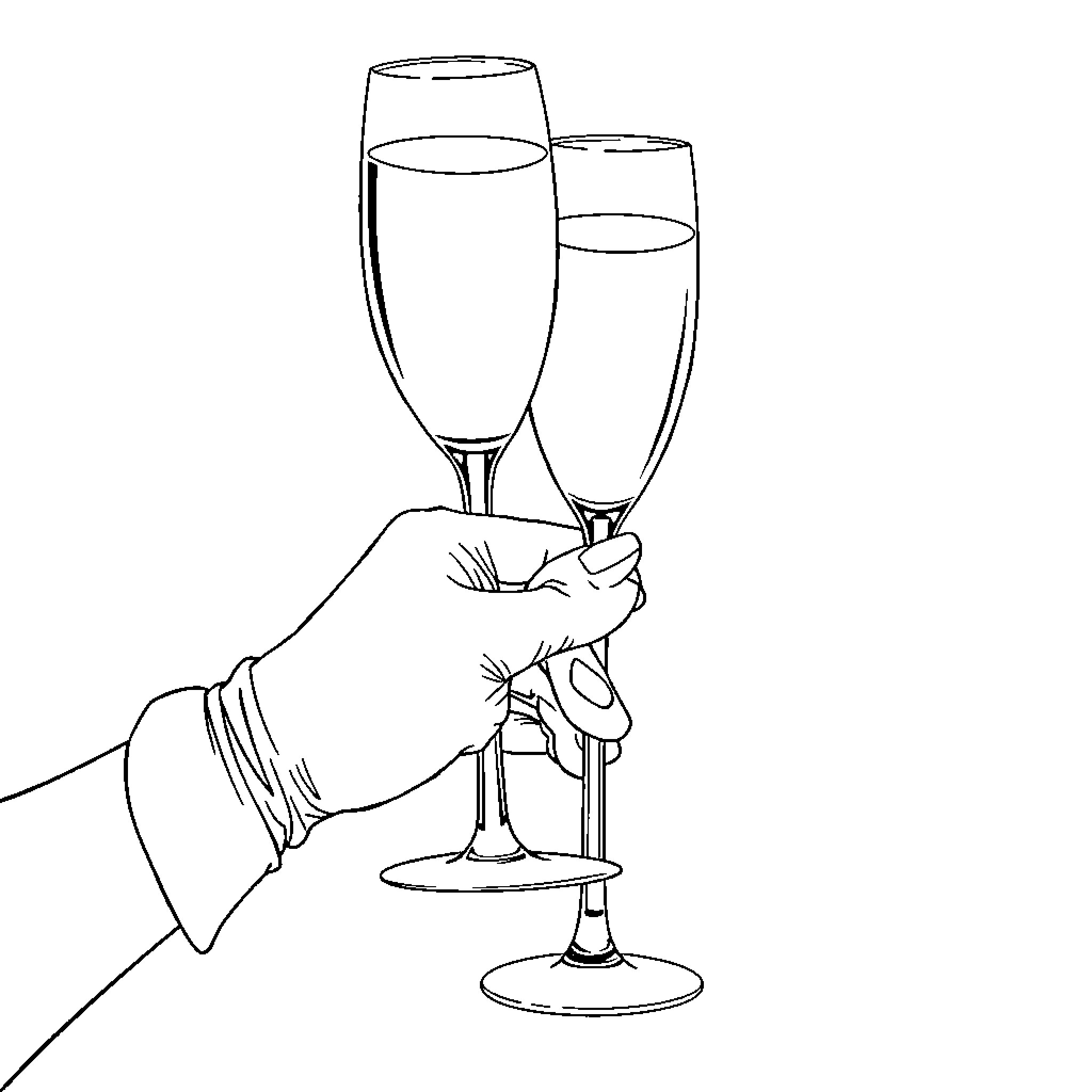 Hand holding champagne flutes Coloring Page (free black-and-white line drawing printable PDF for all, from beginners to advanced learners, including children, teens, adults, and seniors)