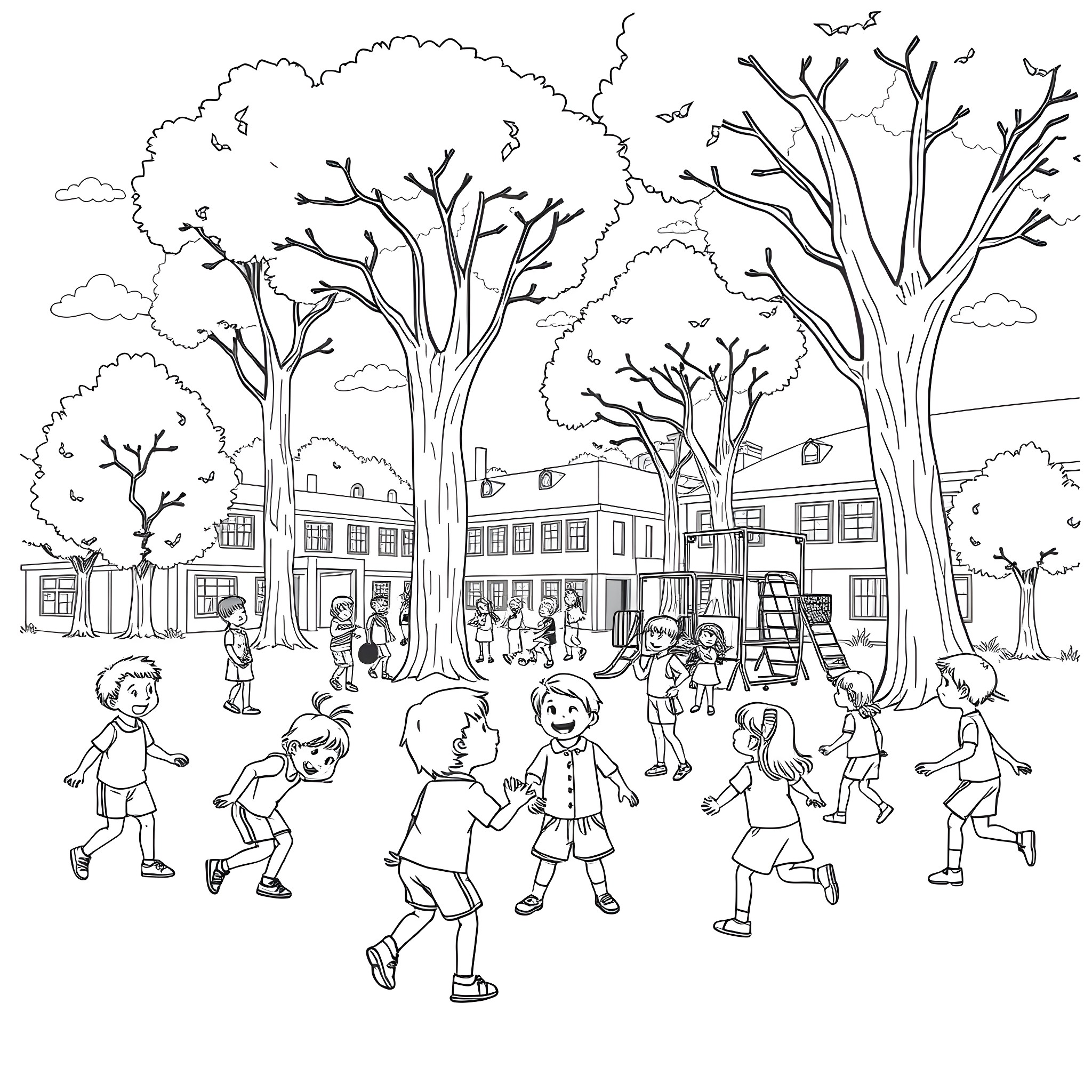 Children playing happily in a neighborhood park Coloring Page (free black-and-white line drawing printable PDF for all, from beginners to advanced learners, including children, teens, adults, and seniors)