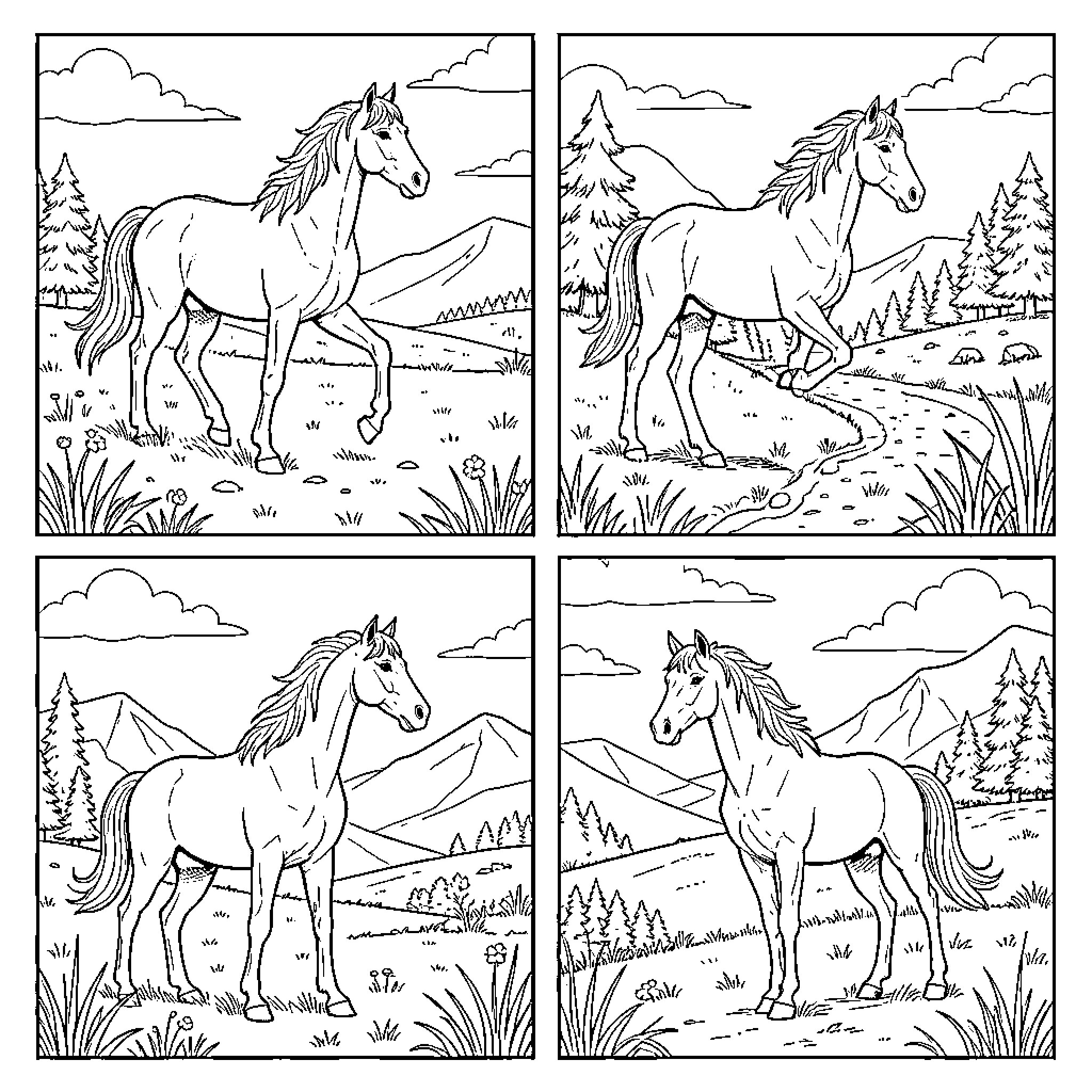 Horse galloping and standing in various nature landscapes Coloring Page (free black-and-white line drawing printable PDF for all, from beginners to advanced learners, including children, teens, adults, and seniors)