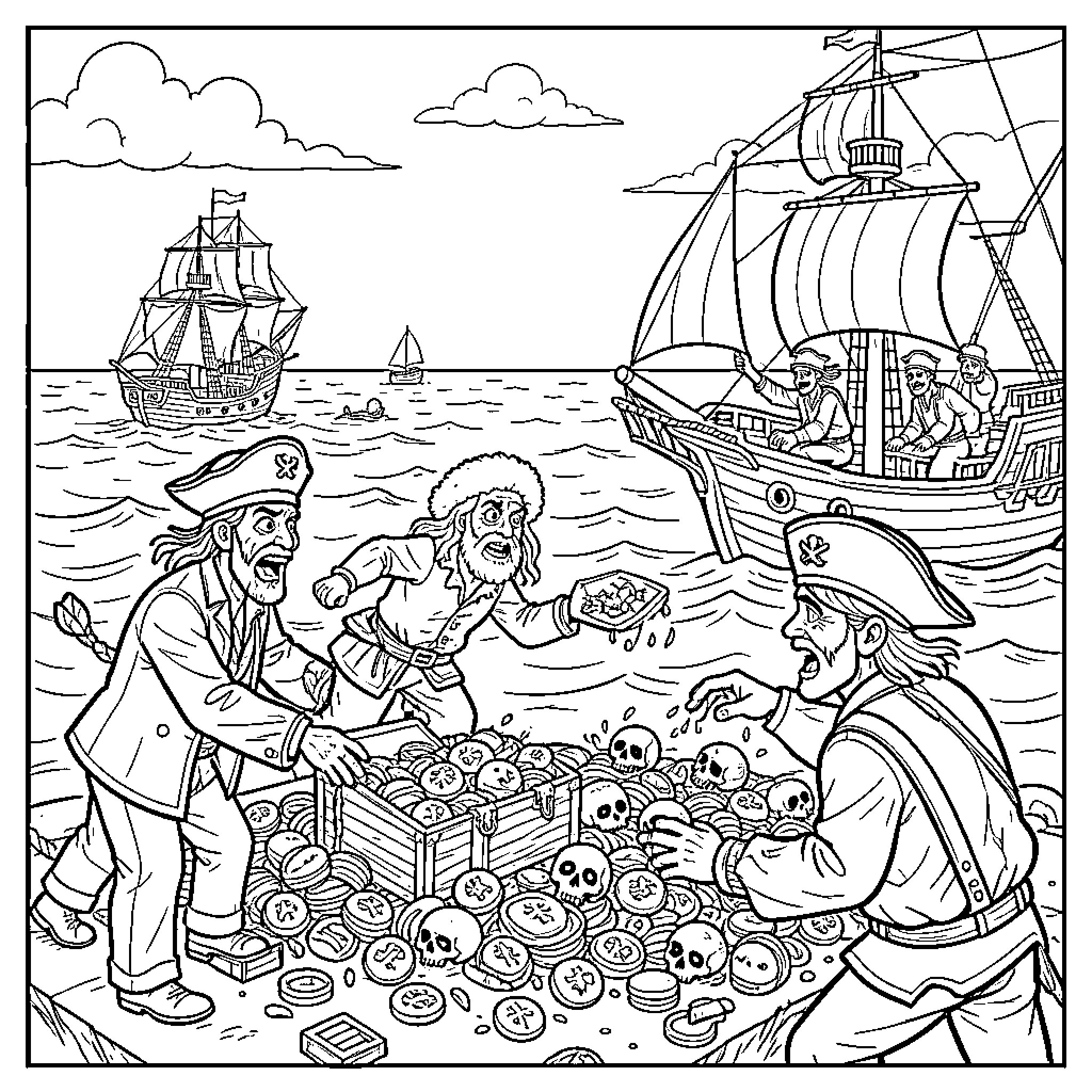 One Piece pirates celebrating with a pile of treasure Coloring Page (free black-and-white line drawing printable PDF for all, from beginners to advanced learners, including children, teens, adults, and seniors)