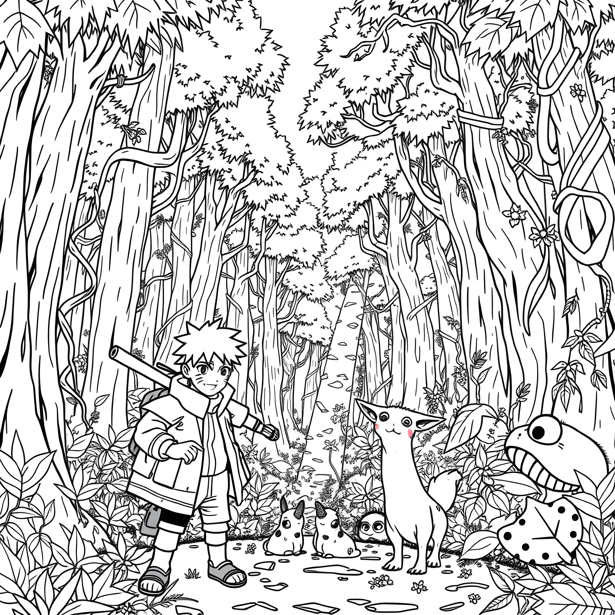 Naruto exploring the mysterious forest with animal companions Coloring Page (free black-and-white line drawing printable PDF for all, from beginners to advanced learners, including children, teens, adults, and seniors)
