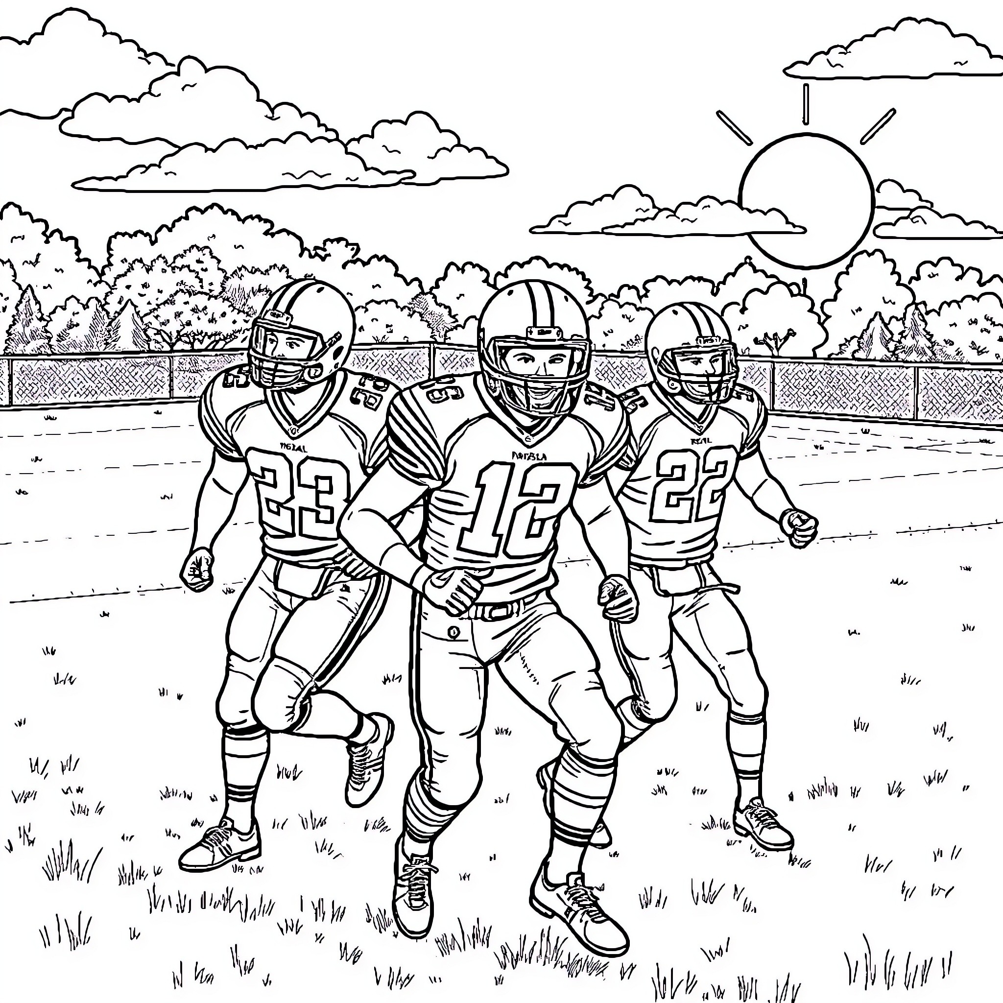 Football Players Running on the Field Coloring Page (free black-and-white line drawing printable PDF for all, from beginners to advanced learners, including children, teens, adults, and seniors)